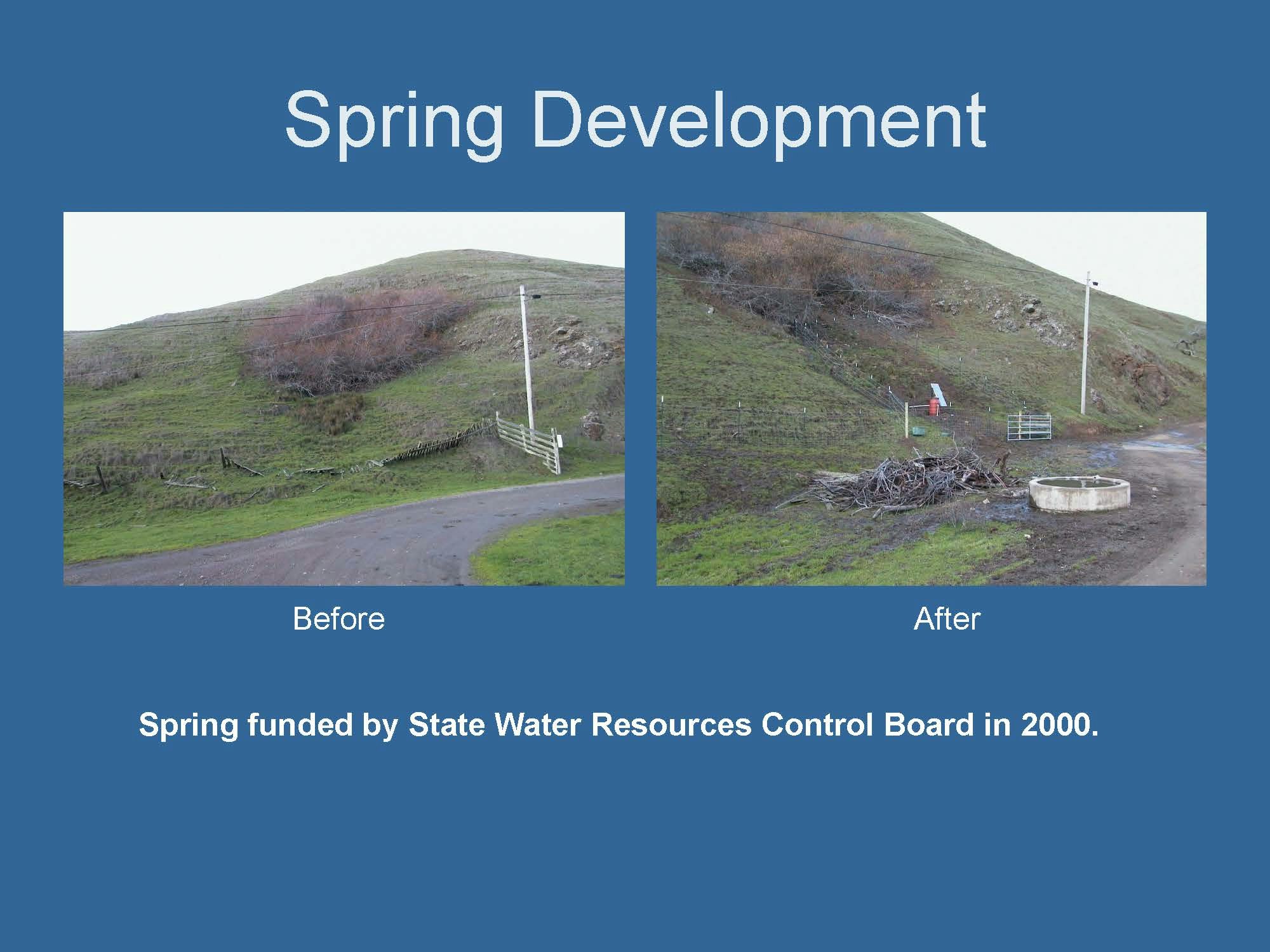 The image shows a "Before" and "After" of spring development on a hillside, funded by the State Water Resources Control Board in 2000.