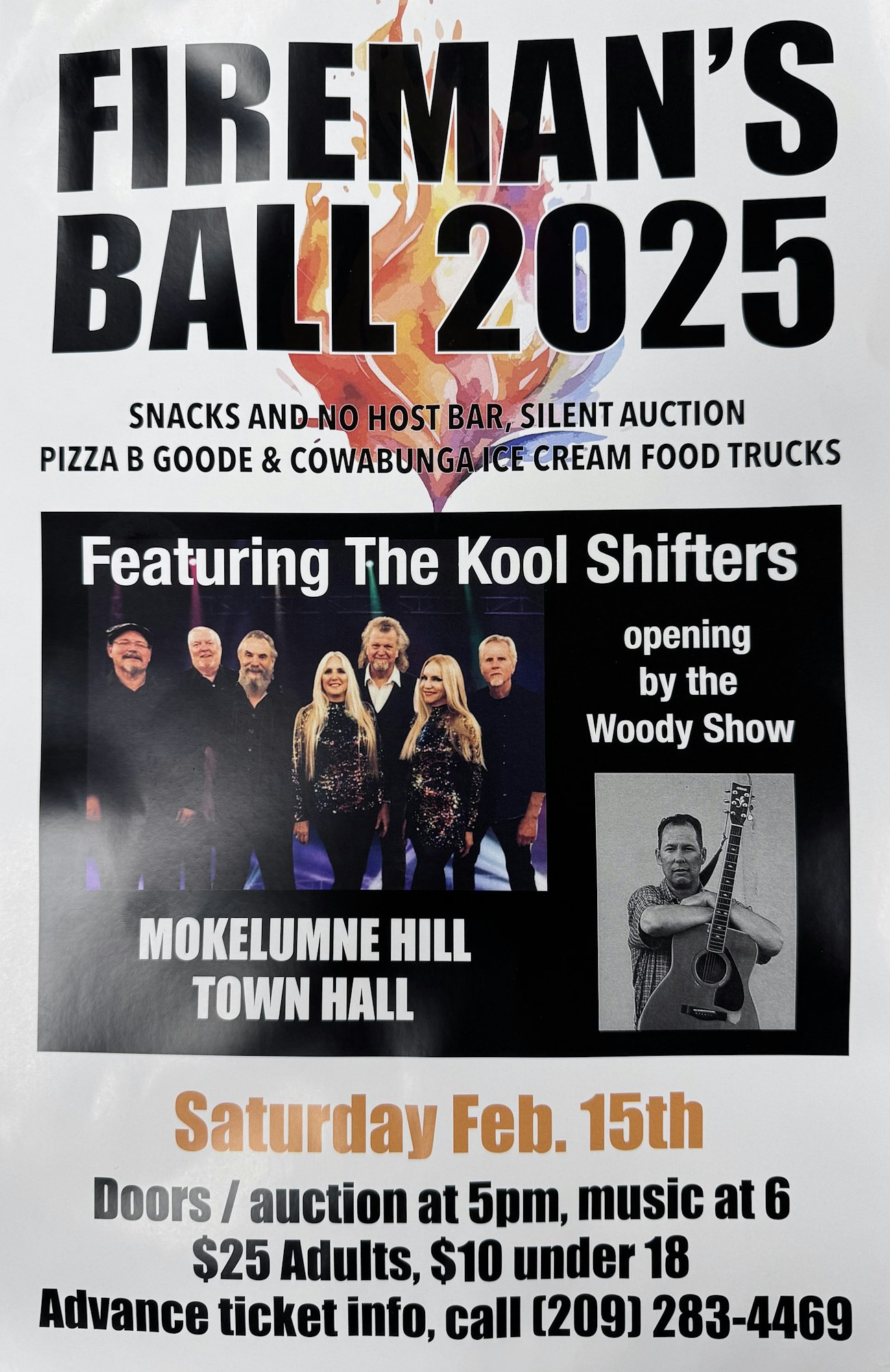 Fireman's Ball 2025 poster featuring The Kool Shifters, Woody Show. Feb 15, snacks, auction, $25 adults, $10 under 18.
