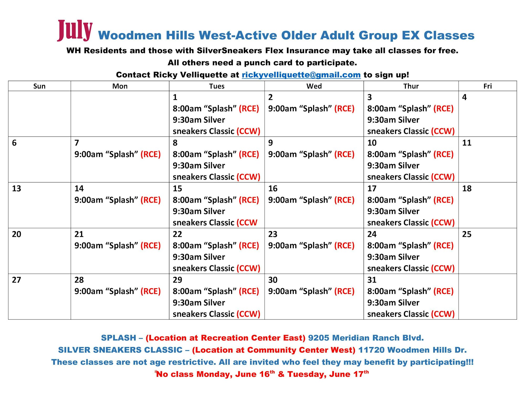 Schedule for July exercise classes at Woodmen Hills West, including "Splash" and "Silver Sneakers Classic" for older adults.