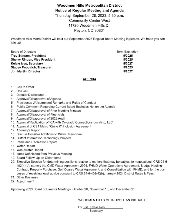 Notice for a regular meeting of Woodmen Hills Metropolitan District, listing agenda items, board members, location, and meeting dates.