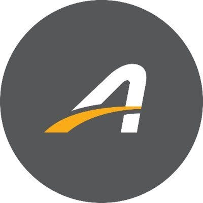 A logo with a stylized white "A" and a yellow swoosh on a grey background.