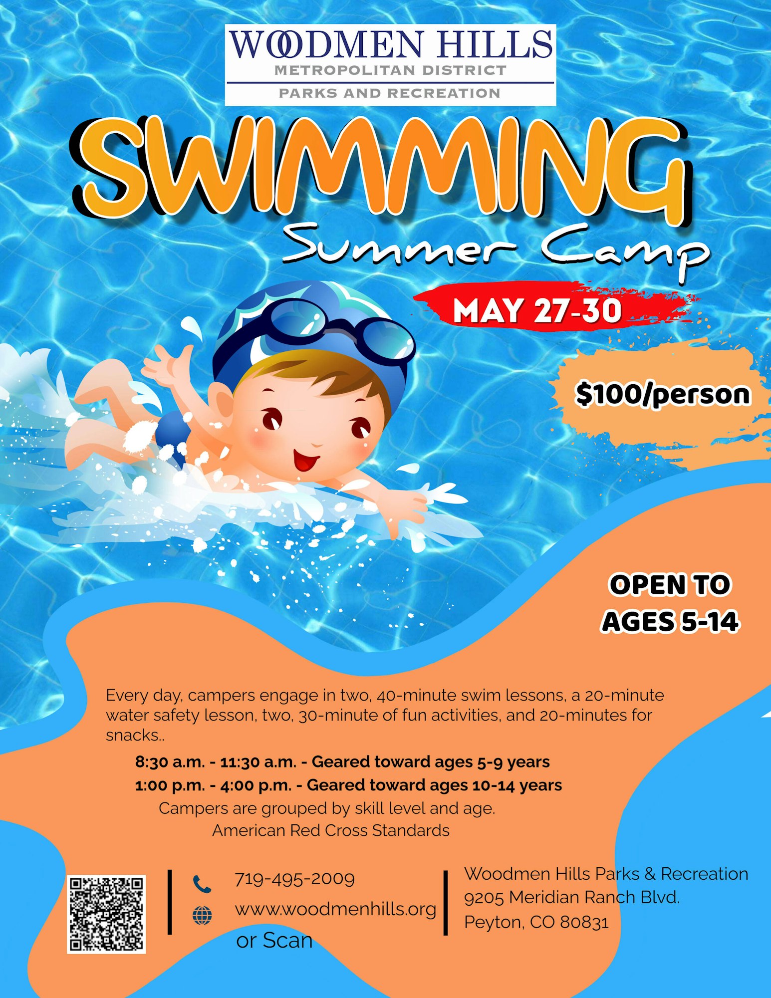Swimming summer camp for ages 5-14, May 27-30. $100 per person. Swim lessons, activities, snacks. Woodmen Hills, CO.
