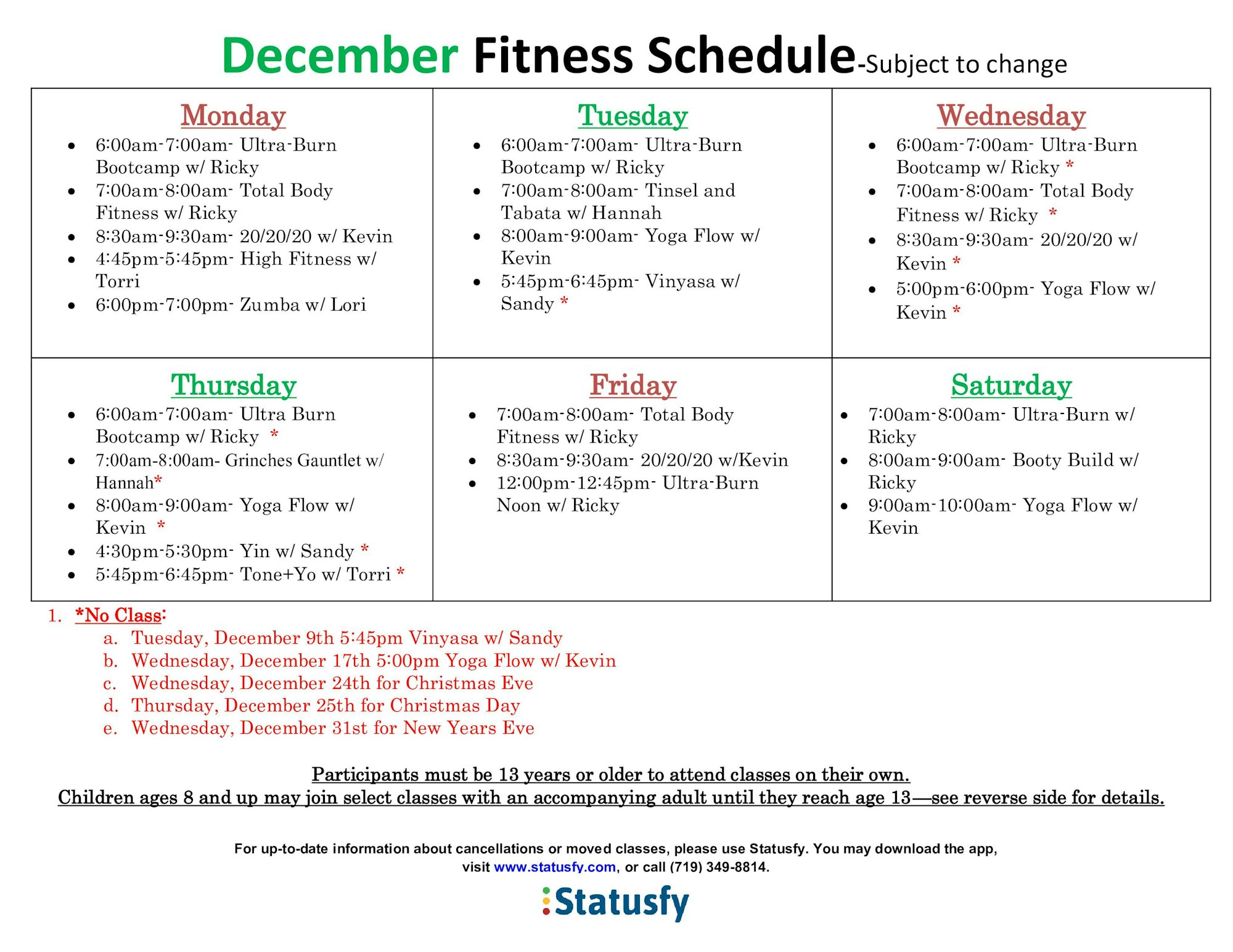 December fitness schedule featuring various classes like Ultra-Burn, Yoga, and Zumba, with specific times for each day.