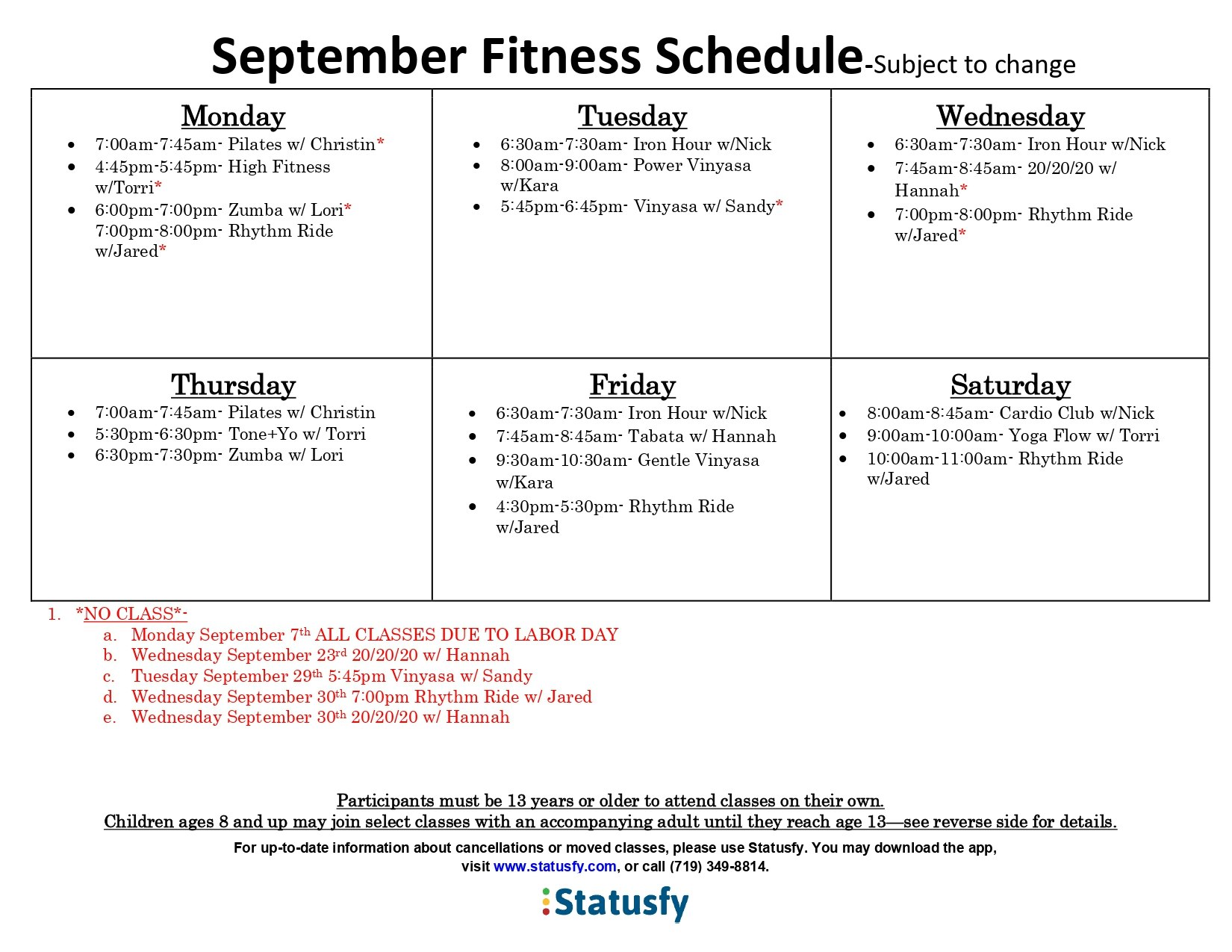 September Fitness Schedule includes various classes from Pilates to Zumba, with specific times for each day. Check for changes!