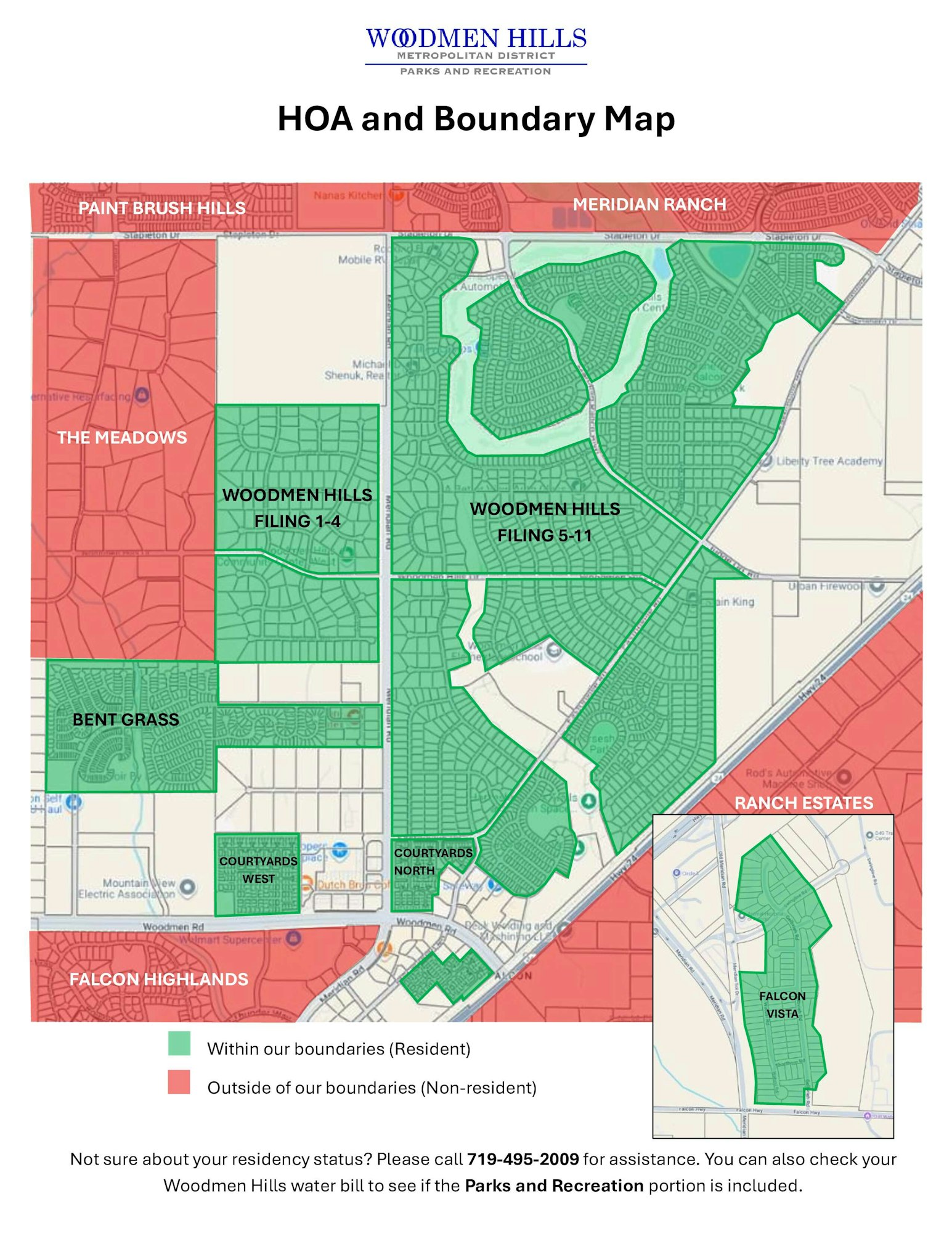 A map of Woodmen Hills showing HOA boundaries, highlighting resident areas in green and non-resident areas in red.