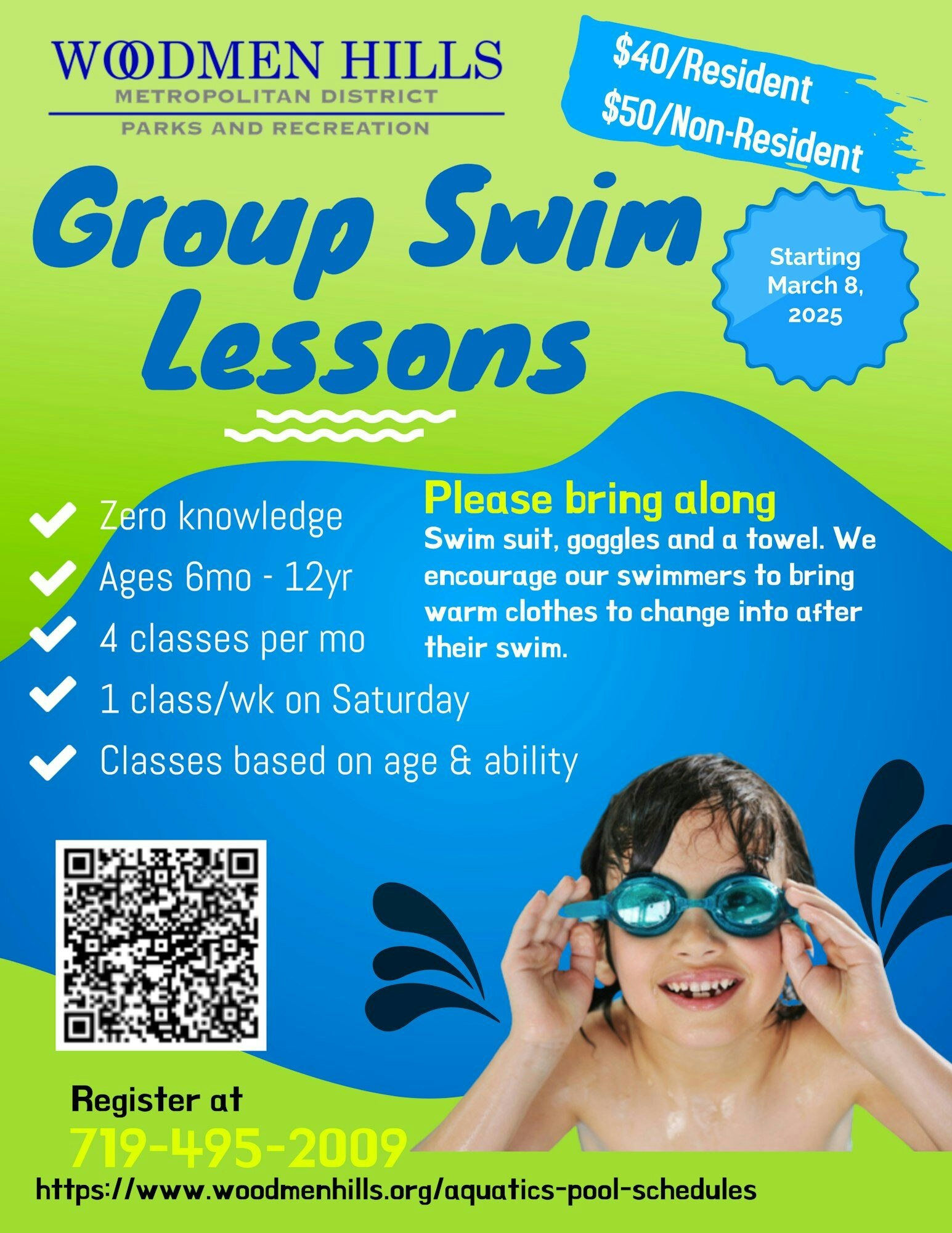 Woodmen Hills swim lessons: Ages 6mo-12yr, $40-$50, Saturdays. Register at 719-495-2009 or online. Starts March 8, 2025.
