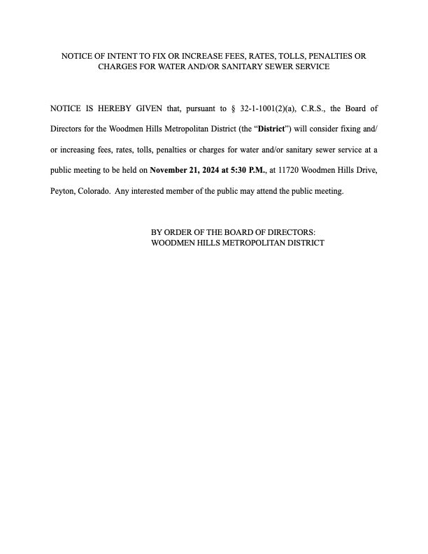 A notice for a public meeting to discuss potential changes in fees for water and sewer services by Woodmen Hills Metro District.