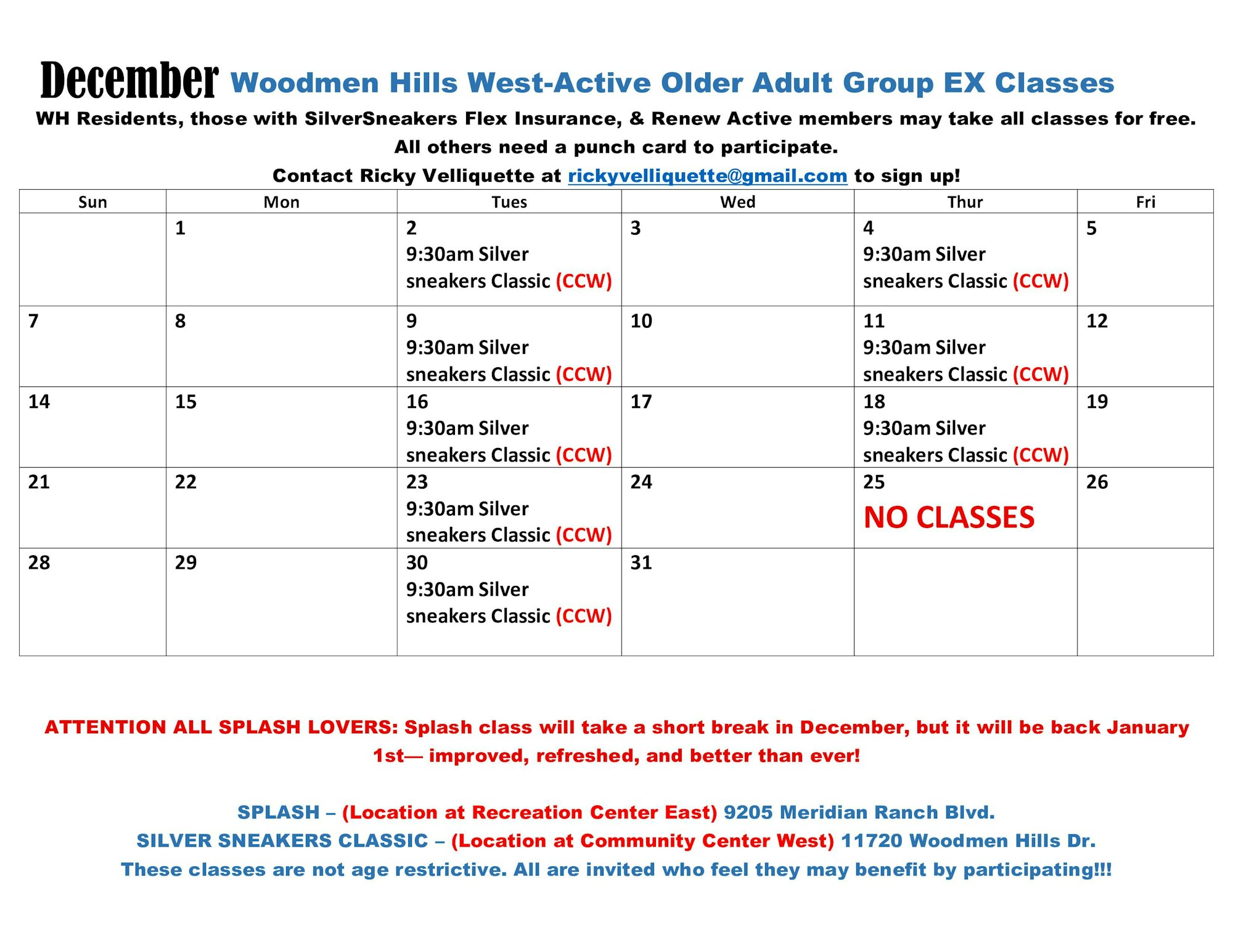 December schedule for Woodmen Hills Active Older Adult Group EX Classes, featuring Silver Sneakers Classic at 9:30 AM on select days.