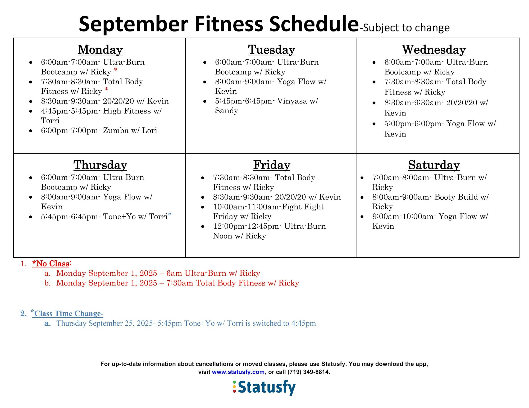 September Fitness Schedule: Various classes daily like Ultra-Burn, Yoga, Total Body. Changes: No class 9/1; Tone+Yo 9/25 at 4:45pm.
