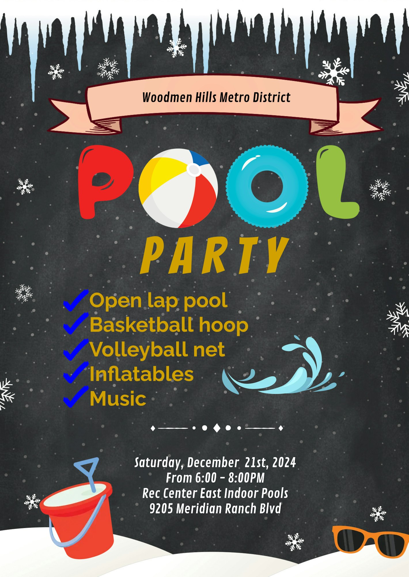 Pool party on Dec 21, 2024, from 6-8 PM at Woodmen Hills Metro District with pool activities and music.