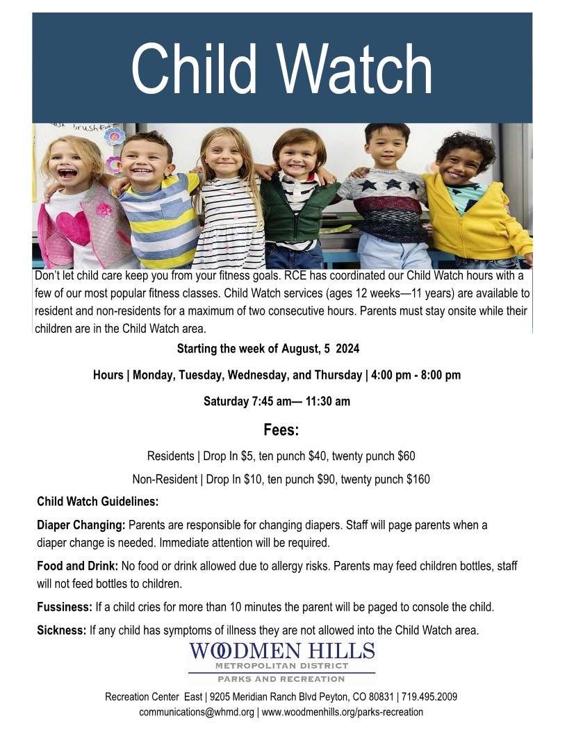 A flyer for "Child Watch" services with information on hours, fees, and guidelines, featuring a photo of smiling children at the top.