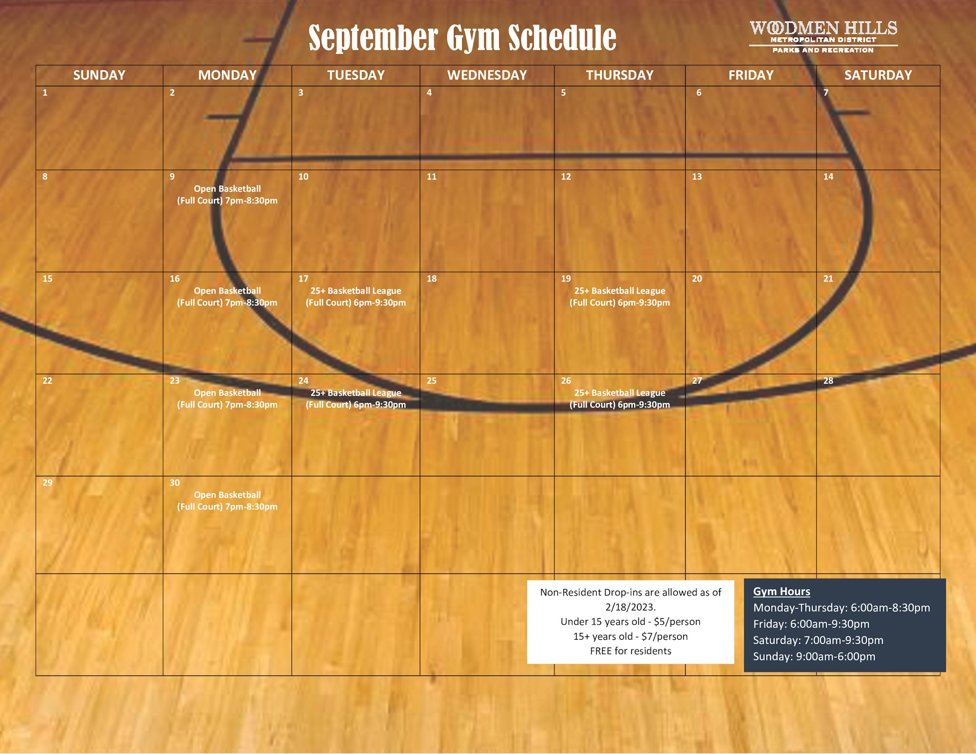 This is a gym schedule for September with open basketball and volleyball times, closures for cleaning, and details on gym hours and fees.