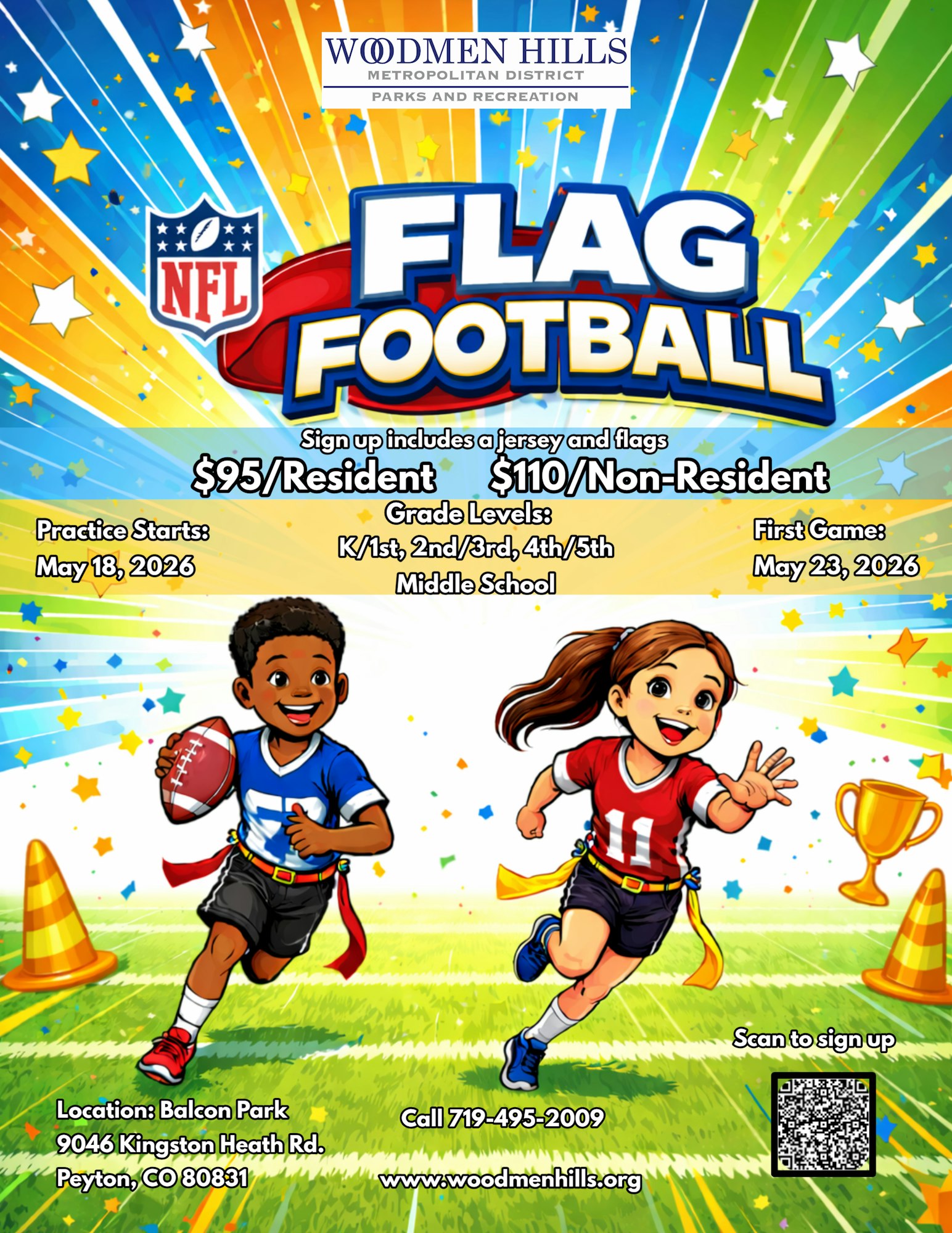 NFL Flag Football registration info: $95 for residents, $110 for non-residents. Practices start May 18, 2026. Location: Balcon Park.