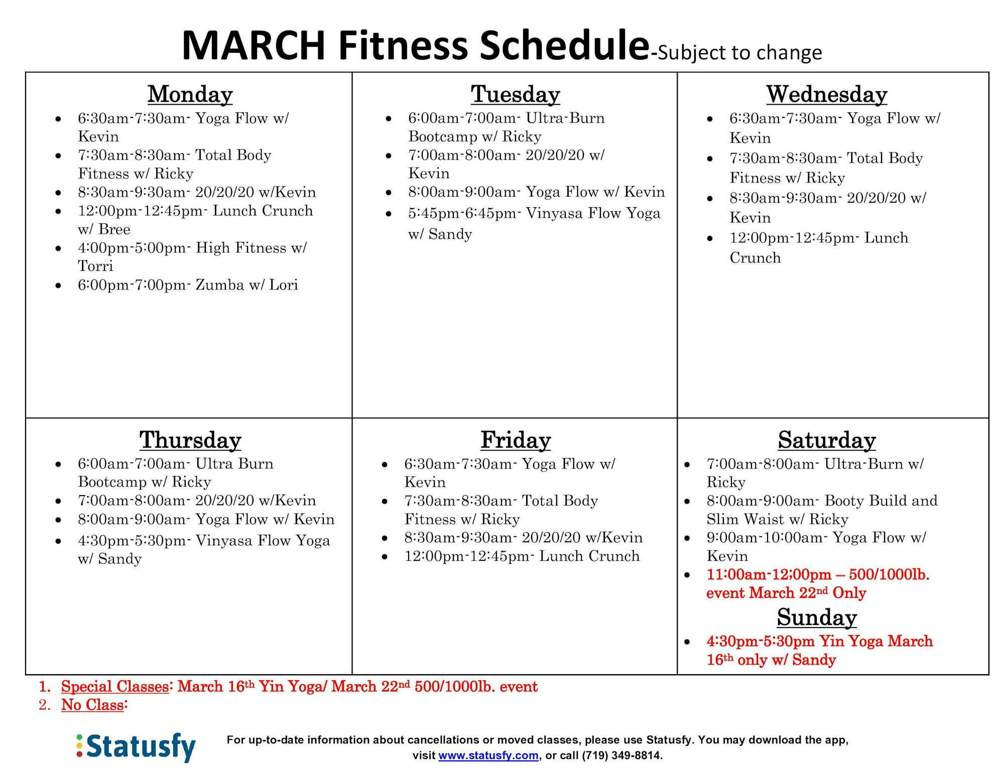 March fitness schedule with daily classes such as Yoga, Bootcamp, Zumba, and special events on March 16 and 22.