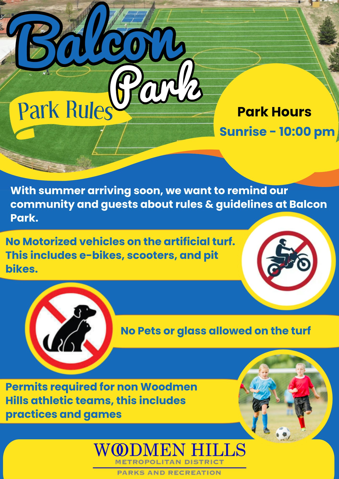 Balcon Park rules: No vehicles, pets, or glass on turf. Park open sunrise to 10pm. Permits for non-resident teams.
