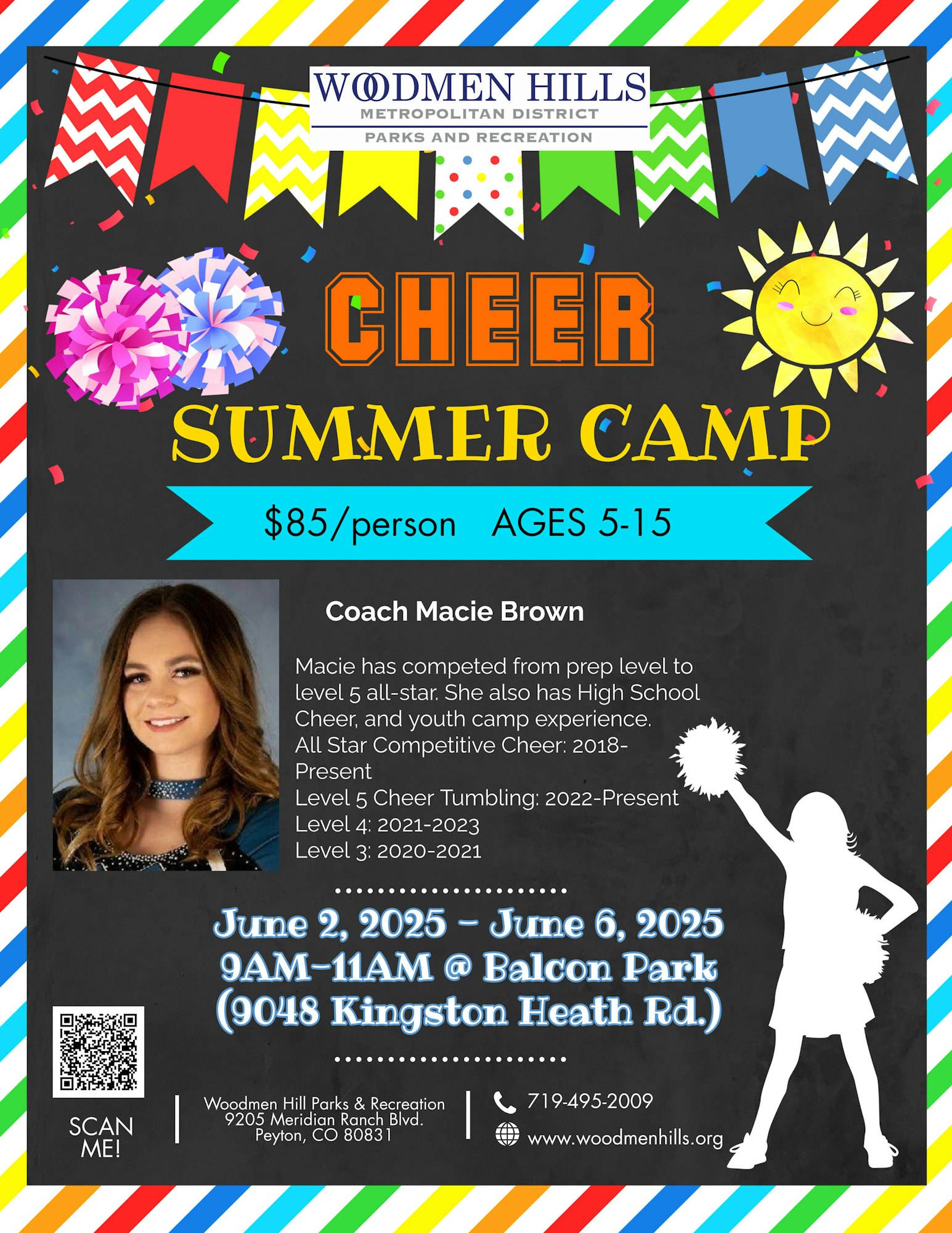 Cheer Summer Camp flyer: $85/person, ages 5-15, June 2-6, 2025, 9AM-11AM, Balcon Park. Coach: Macie Brown. Contact info and details included.