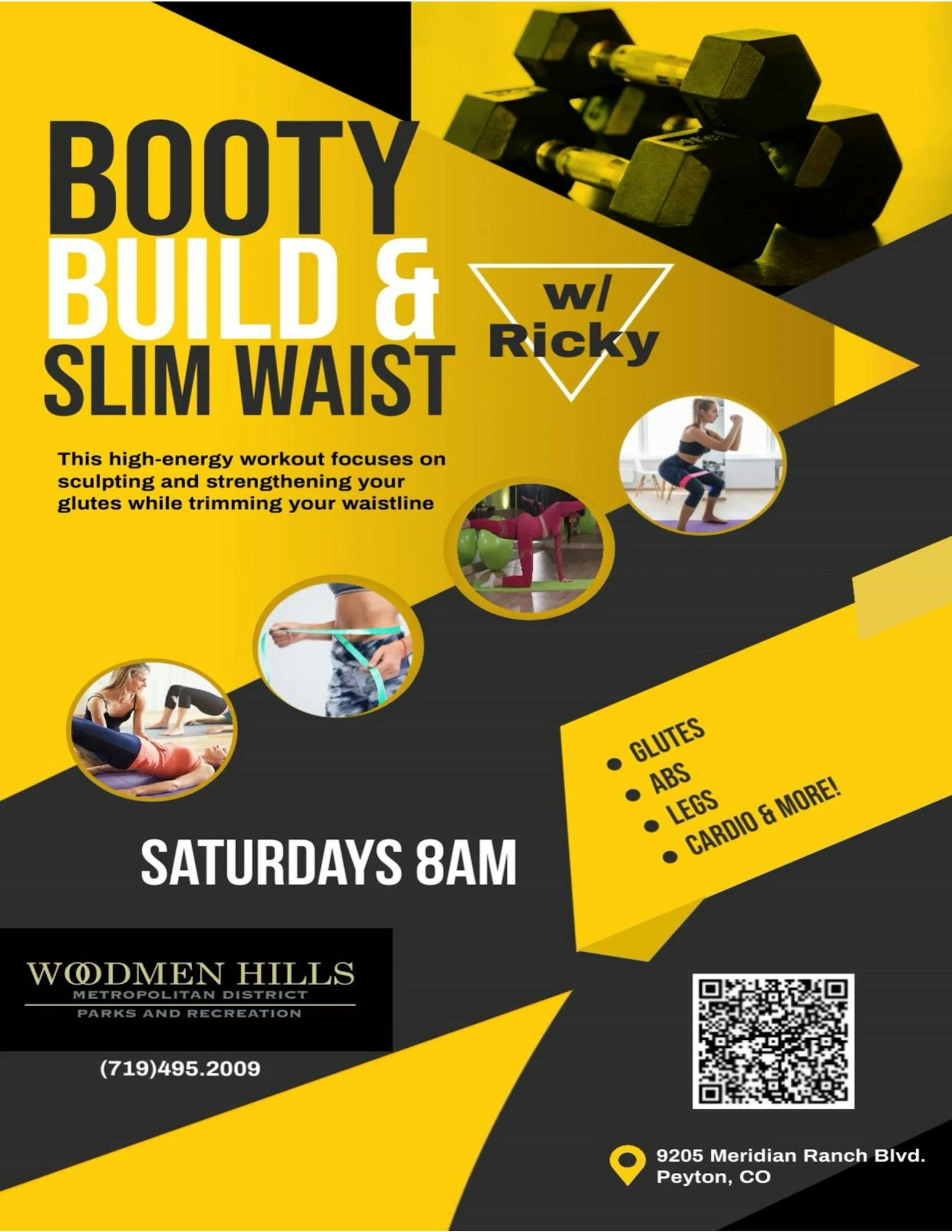 Fitness ad for "Booty Build & Slim Waist" workout sessions on Saturdays at 8AM, with contact information and images of exercise.