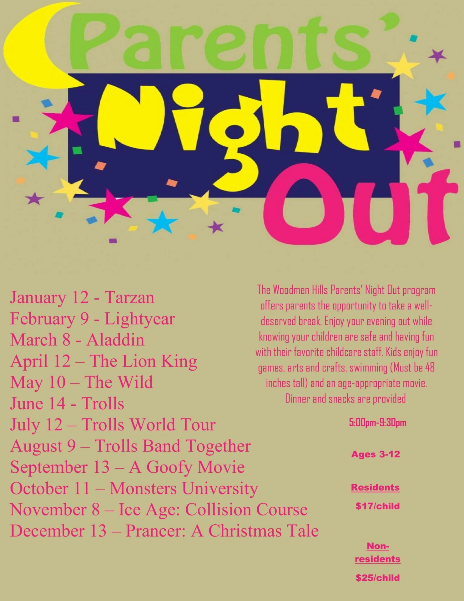 Parents Night Out allows parents to drop their children ages three to twelve off at the Recreation Center East from 5:00 pm until 9:30 pm for supervised recreation programming. The cost is seventeen dollars for resident children and twenty-five dollars for non-resident children. Upcoming dates are September 13th, October 11th, November 8th, and December 13th.