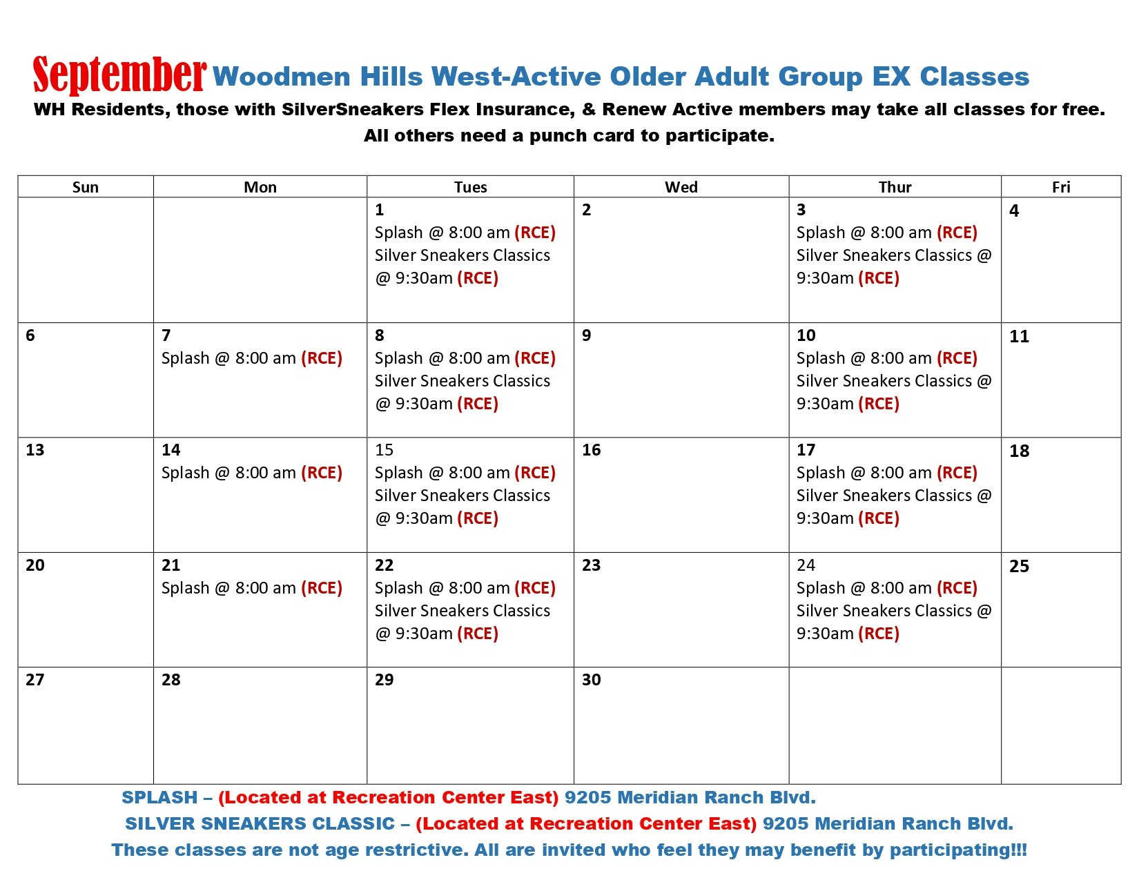 It's a schedule for September exercise classes, including "Splash" and "Silver Sneakers Classics," for older adults at Woodmen Hills.