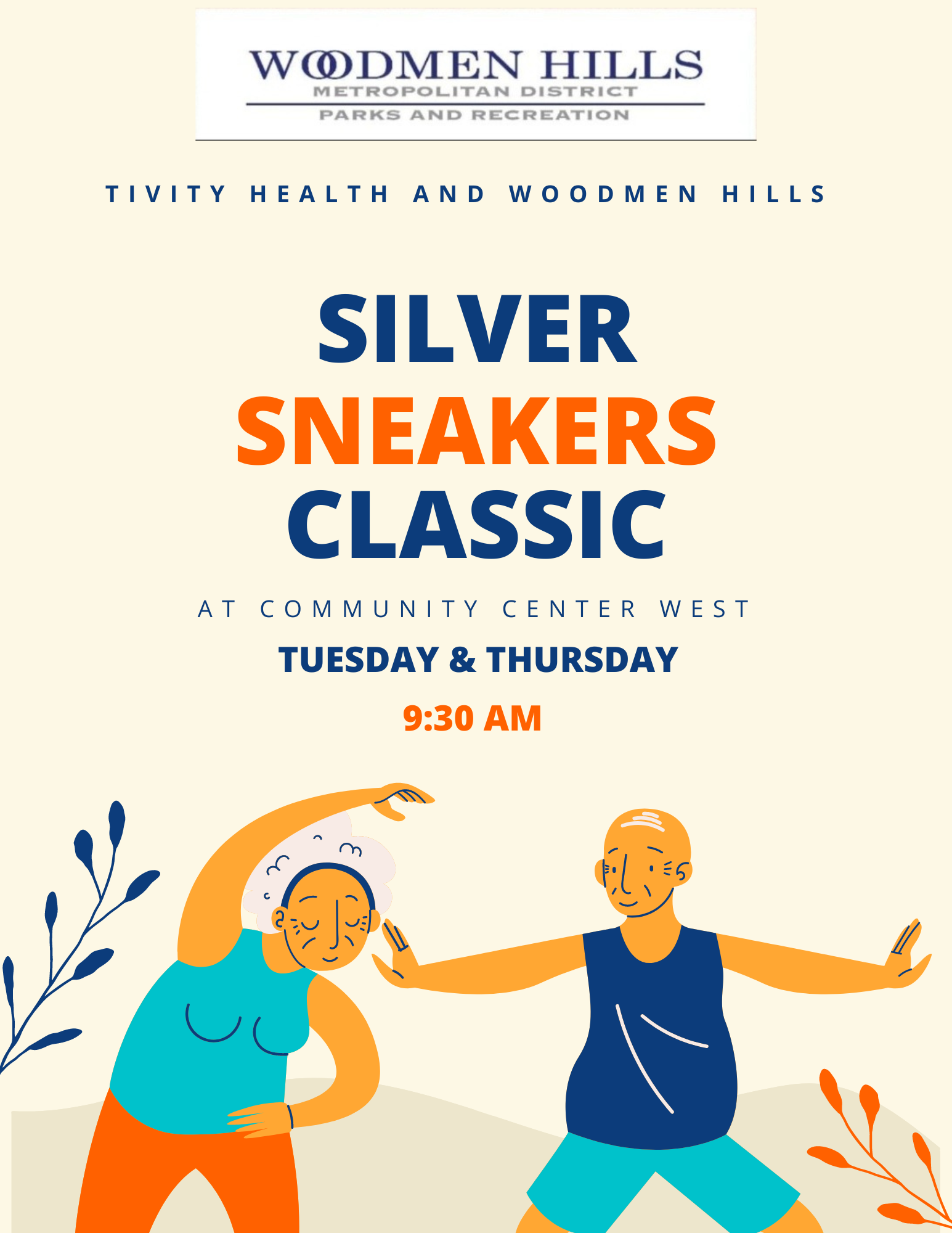 A poster for Silver Sneakers Classic event at Community Center West, featuring two stylized cartoon figures exercising.