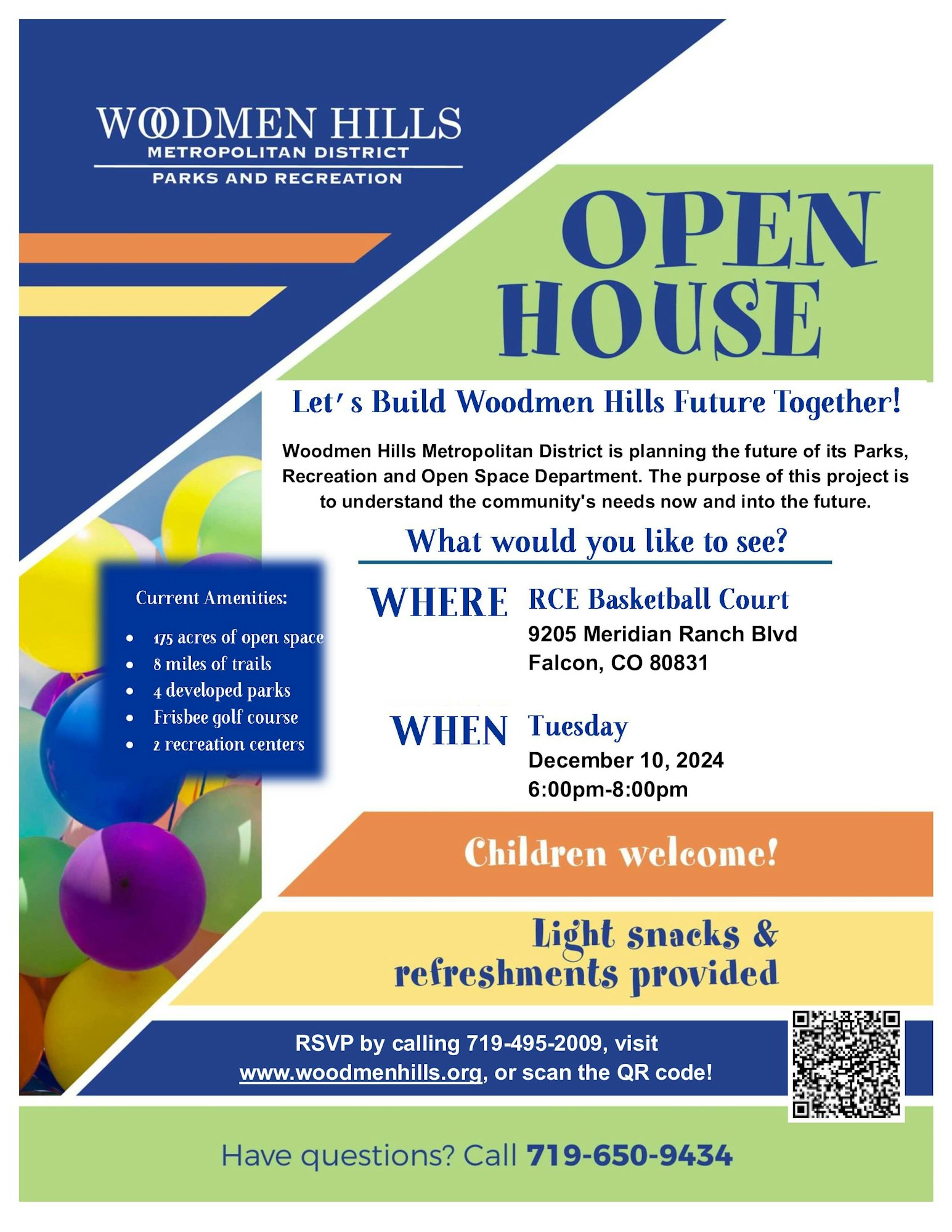 A colorful flyer for Woodmen Hills Metropolitan District's Open House event discussing parks and recreation with RSVP details.