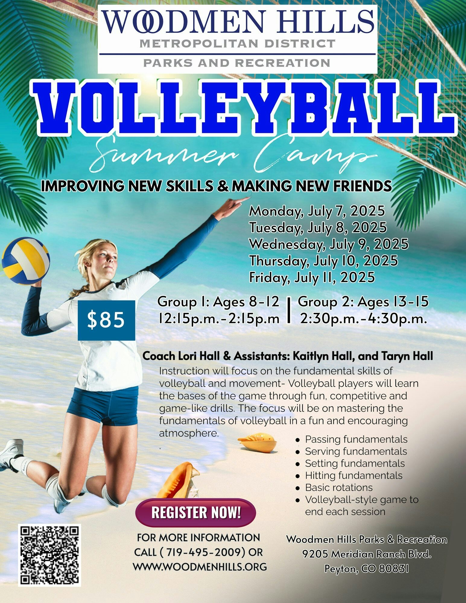 Volleyball Summer Camp flyer with dates, age groups, $85 fee, and contact info for Woodmen Hills Parks & Recreation.