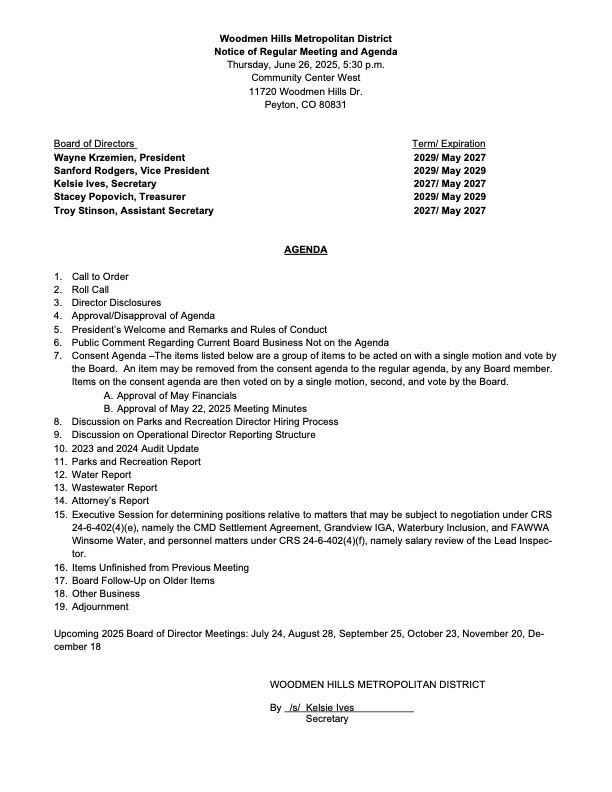 Woodmen Hills Metropolitan District meeting agenda for June 26, 2025. Includes discussion items, reports, and future meeting dates.