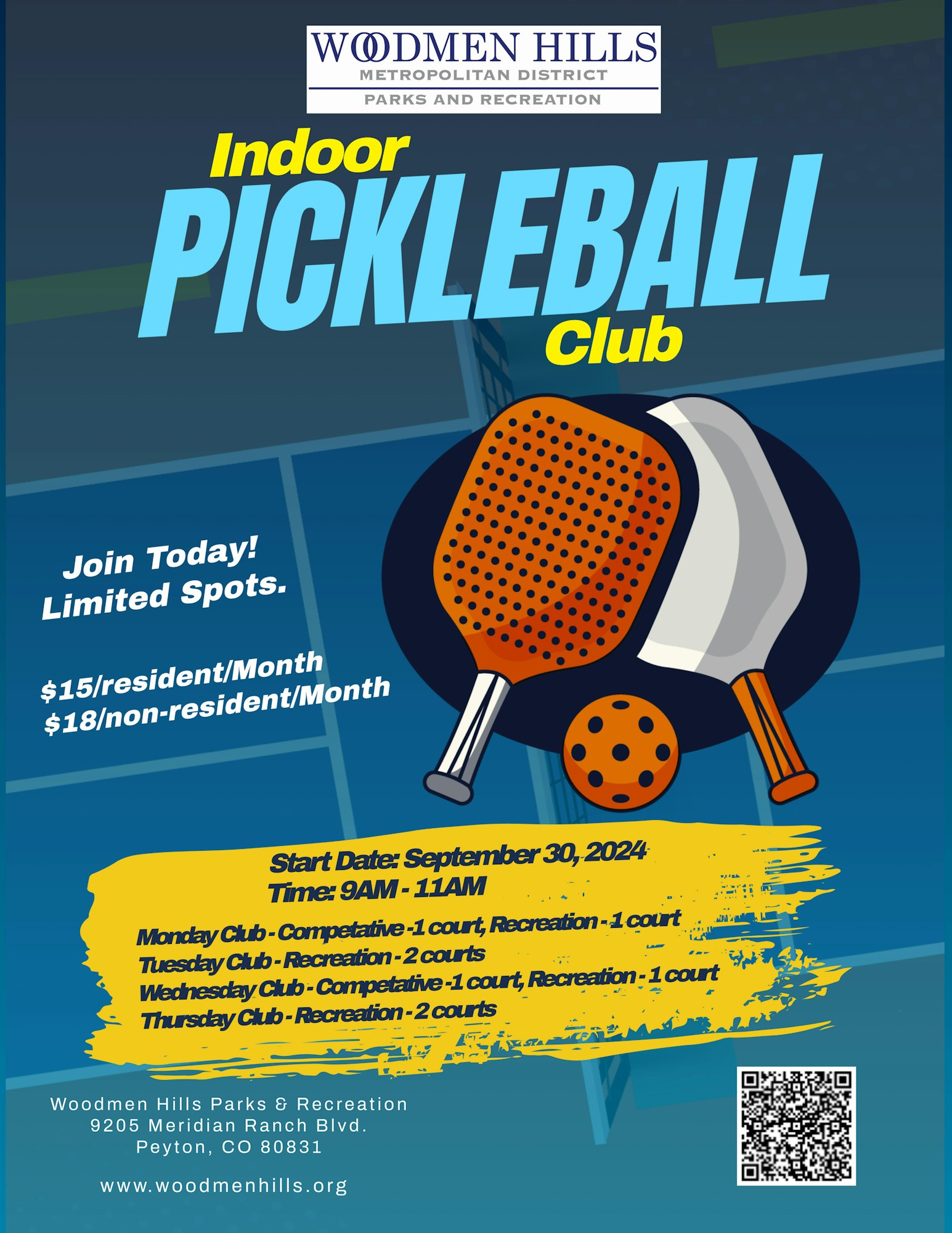 An ad for an Indoor Pickleball Club with club information, pricing, schedule, location, and a QR code.