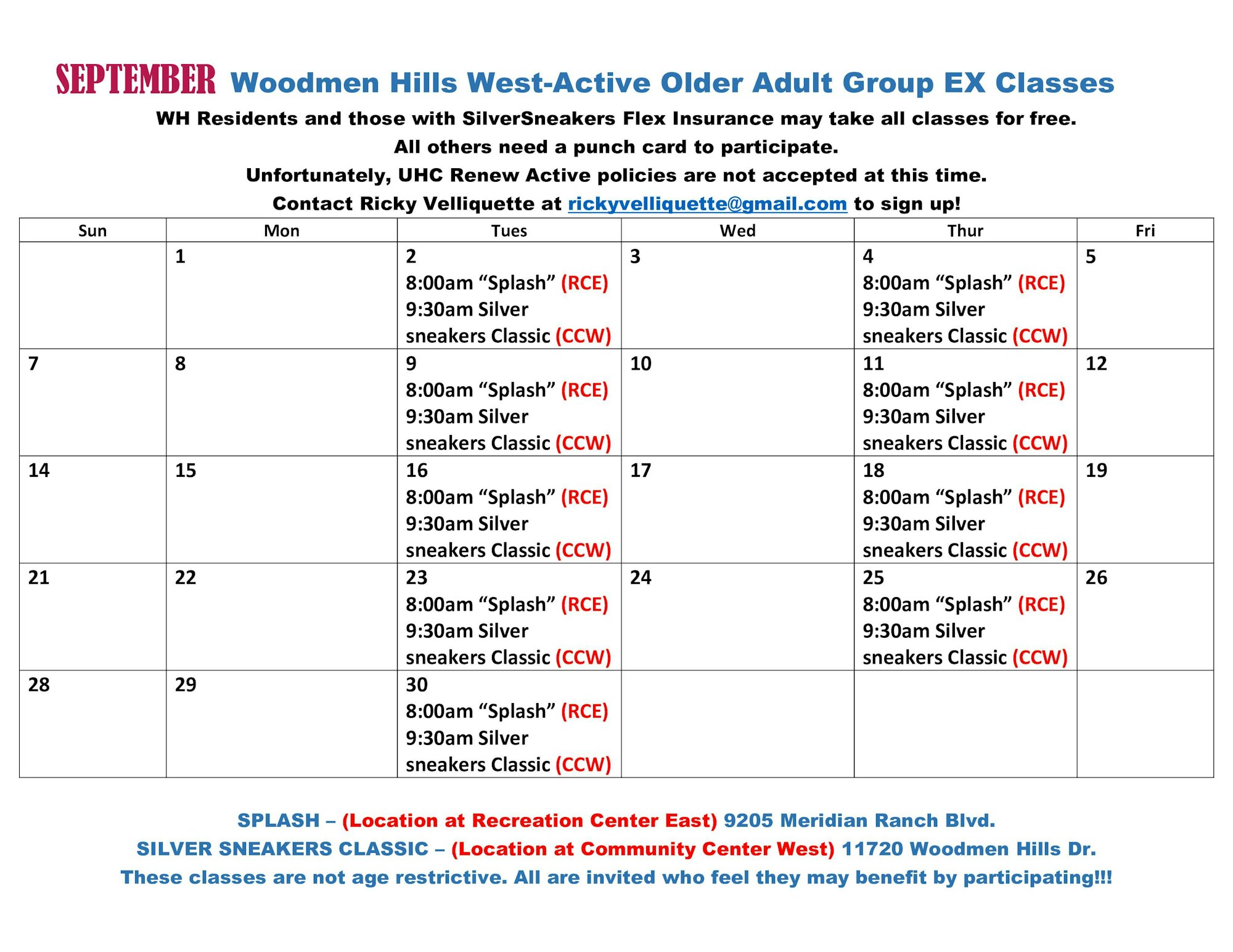 September class schedule for Woodmen Hills West. "Splash" at 8am (RCE) and Silver Sneakers Classic at 9:30am (CCW) on Tuesdays and Thursdays.