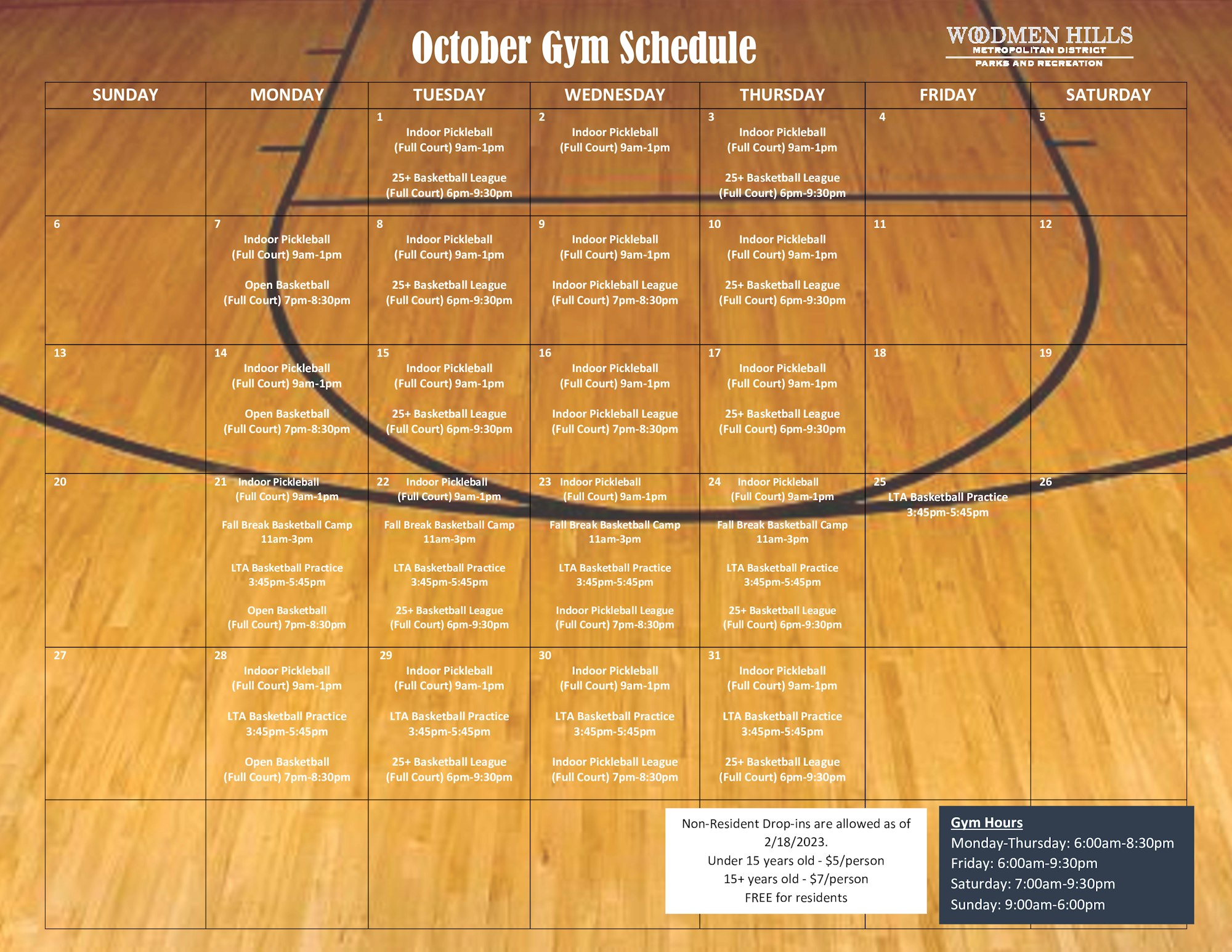 October gym schedule for various sports, including pickleball, basketball, and practice times, with gym hours listed.