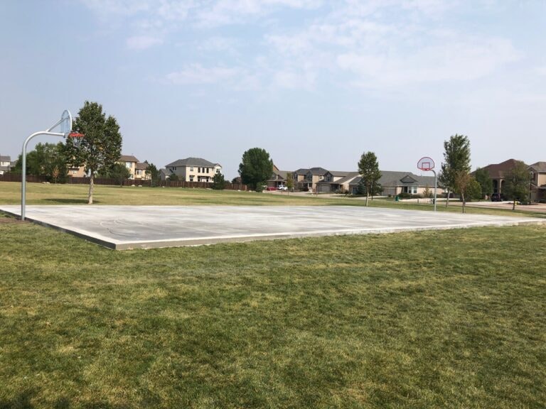 An empty outdoor basketball court with two hoops, surrounded by grass and residential houses in the background.