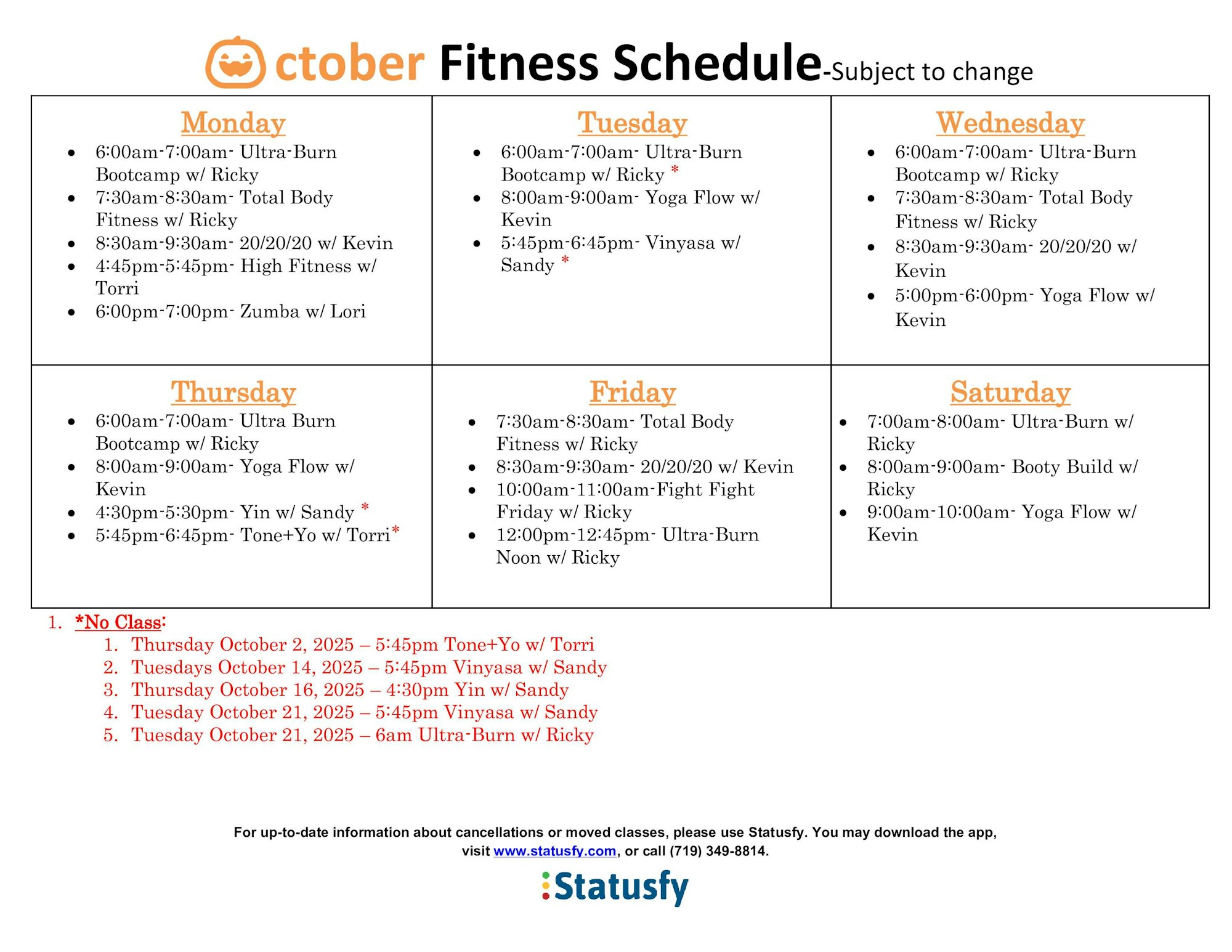 Weekly fitness schedule with classes, instructors, and no-class dates noted.