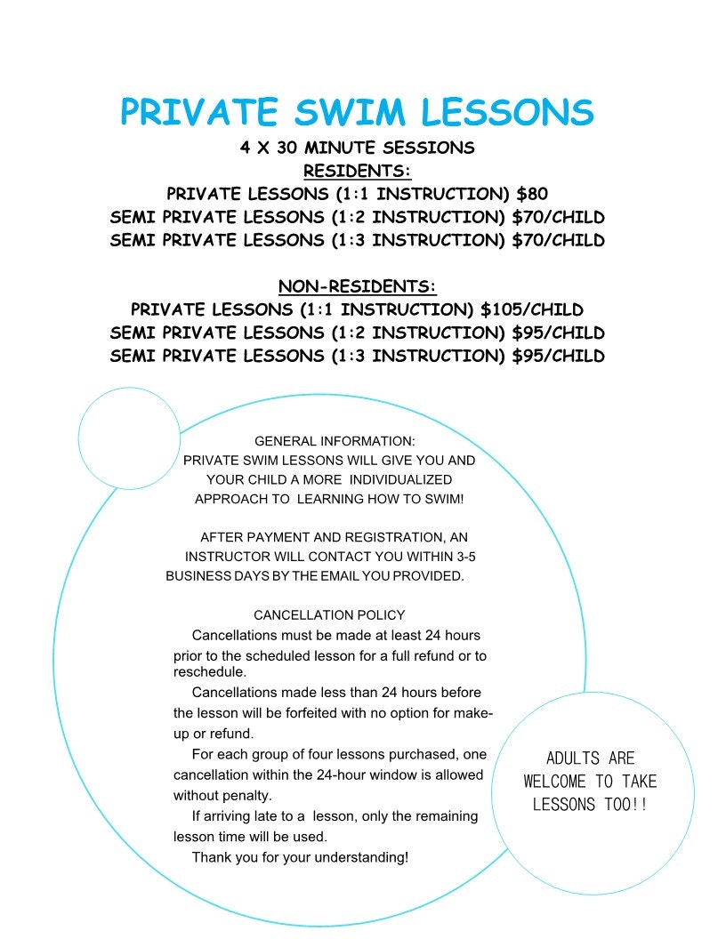 An ad for private swim lessons detailing prices, session structure, general info, contact policy, cancellation policy, and a note that adults can take lessons.