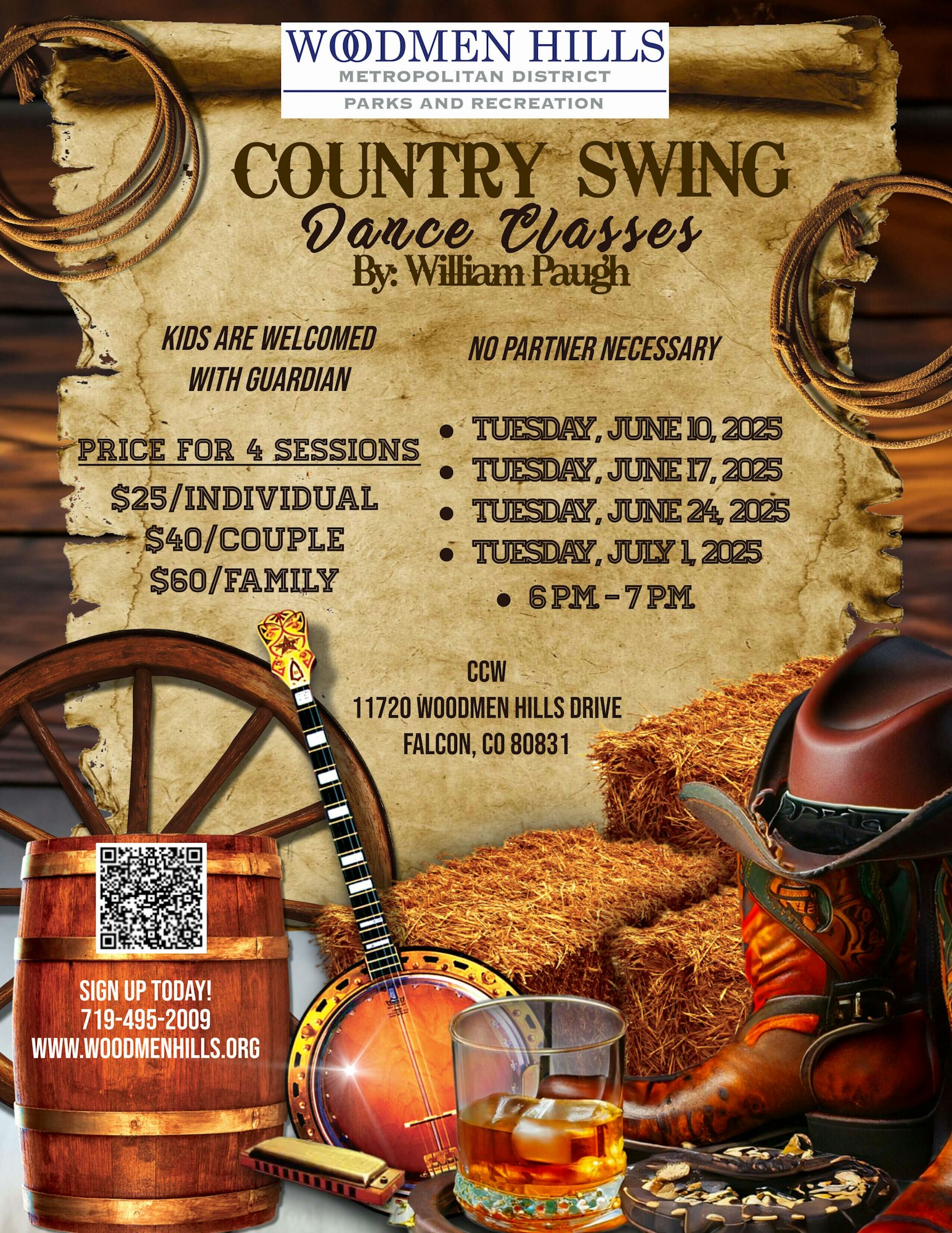 Country swing dance classes flyer: June 2025 dates, prices, and details. Kids welcome, no partner needed. Sign up at woodmenhills.org.