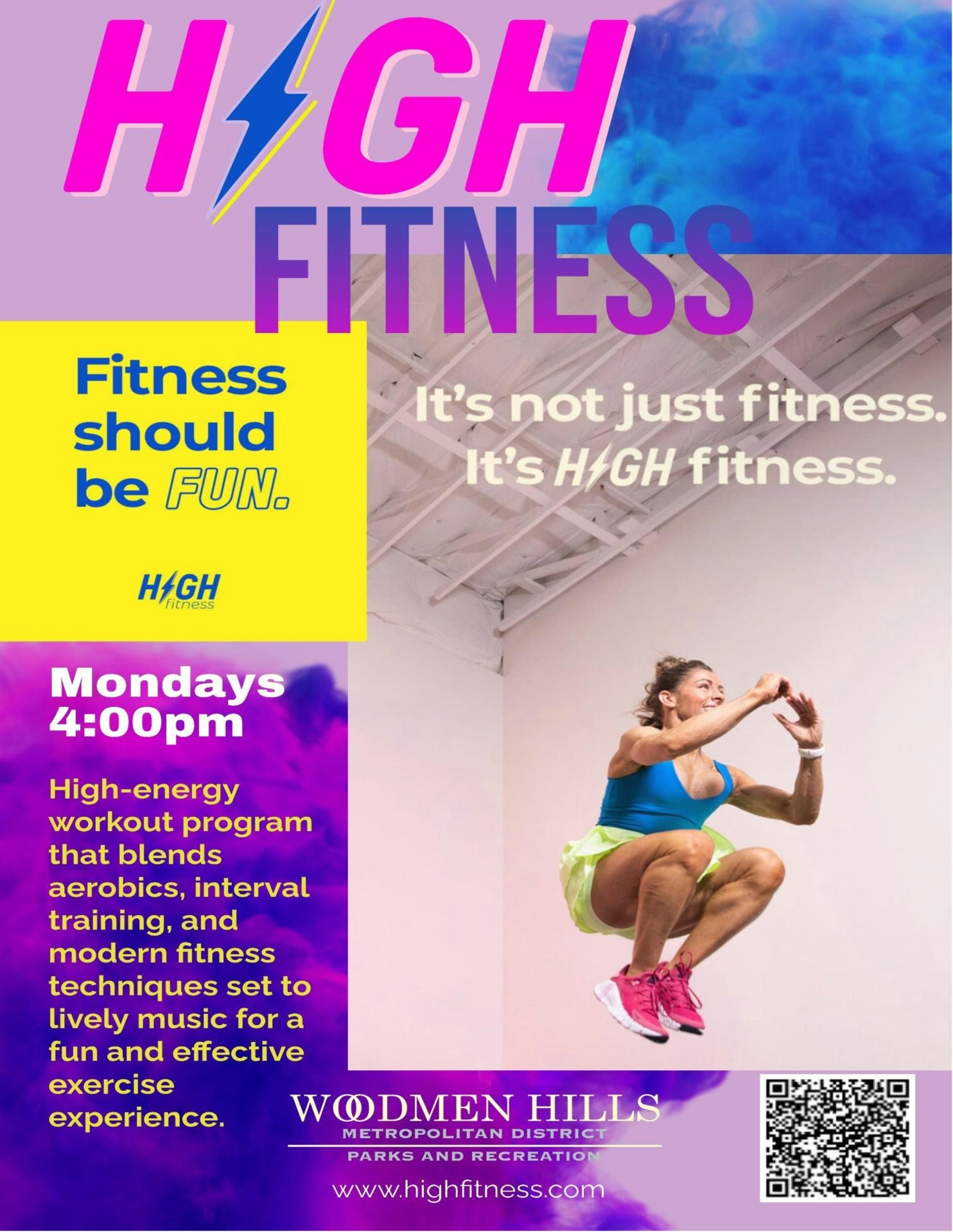 A vibrant fitness ad featuring a woman jumping, details about a fitness program, a schedule, and a QR code.