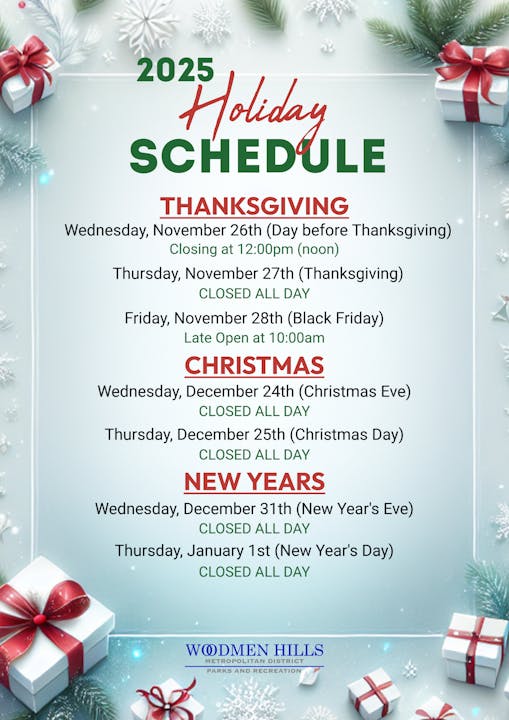 2025 holiday schedule for Thanksgiving, Christmas, and New Year’s. Includes closure details for each day.