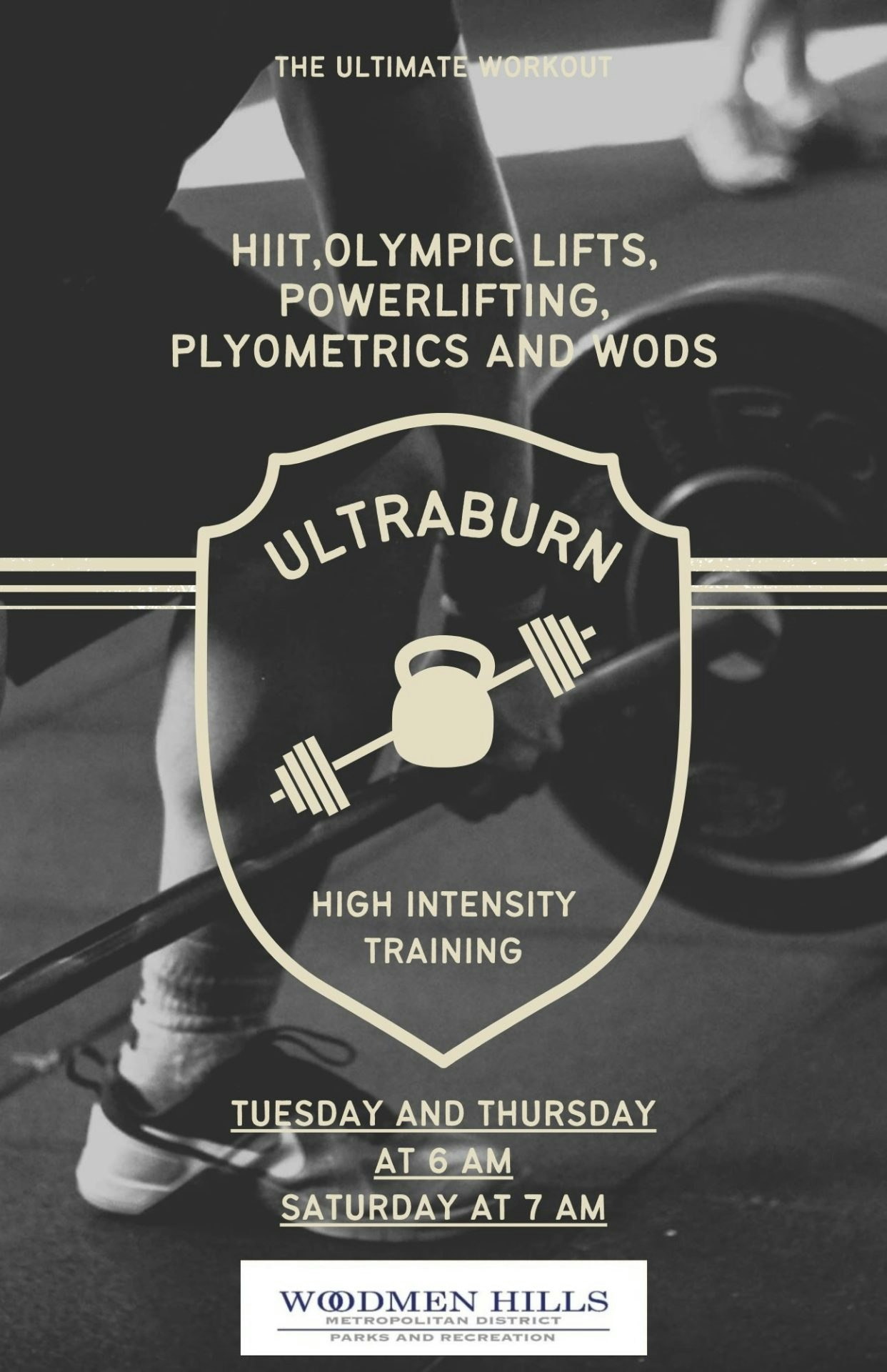 A fitness flyer promoting high-intensity workouts including HIIT, Olympic lifts, powerlifting, plyometrics, and WODs.