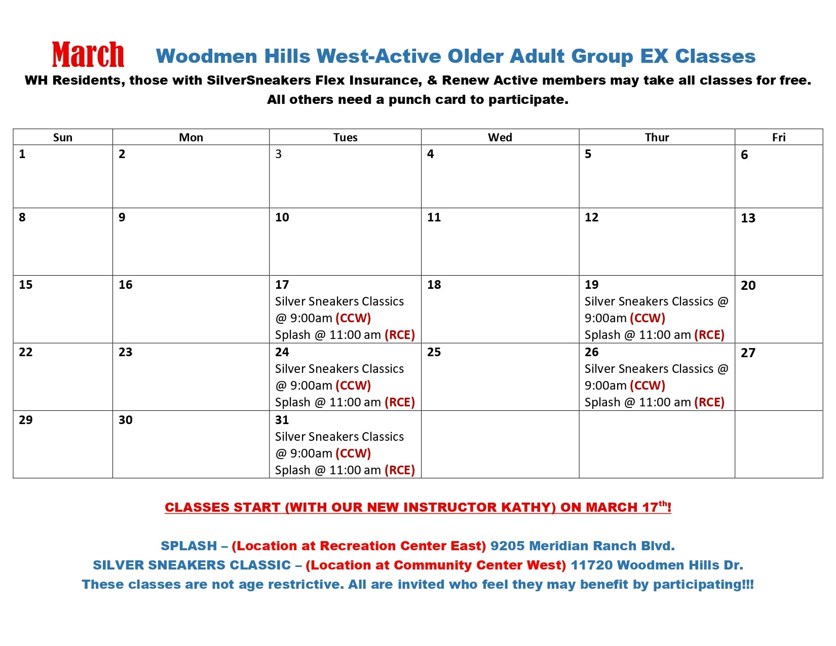 Schedule for March exercise classes for older adults at Woodmen Hills, including Silver Sneakers and Splash sessions.