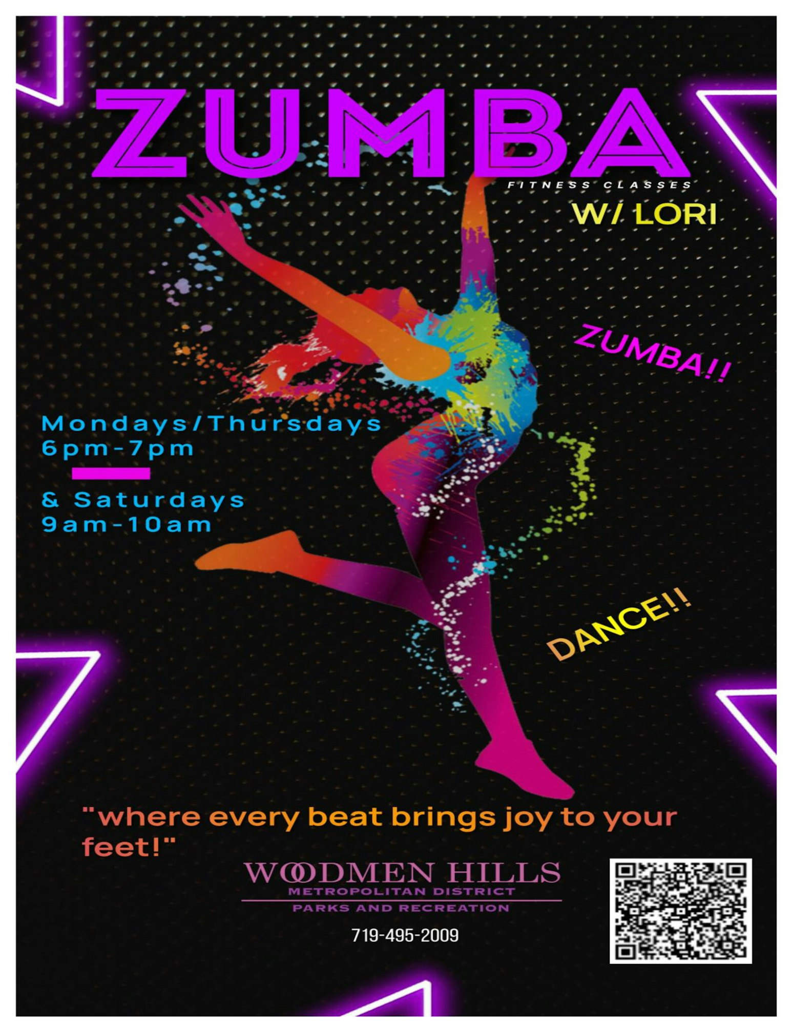 A colorful Zumba class flyer with schedule, a silhouette of a dancer, and contact details.