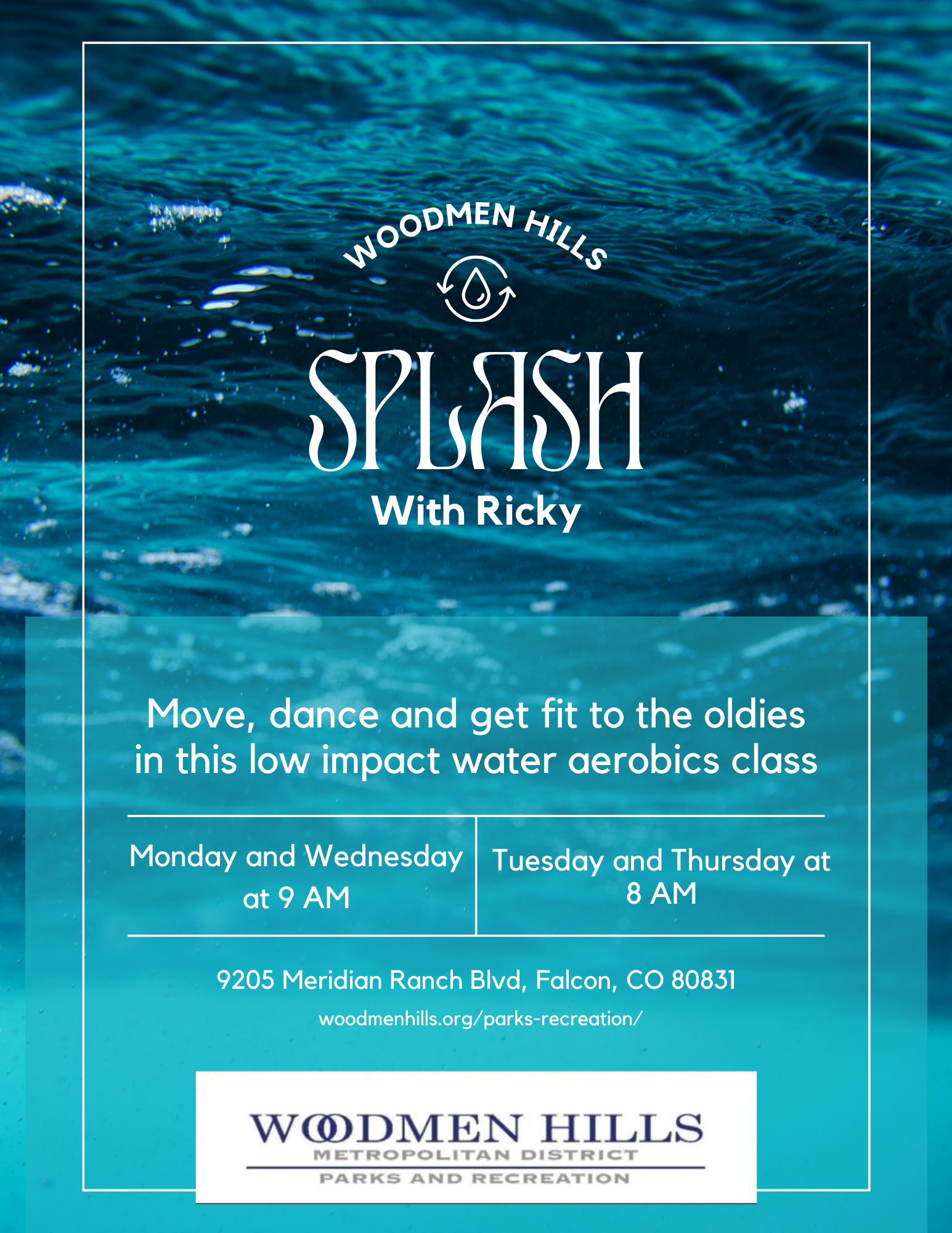 Advertisement for a low-impact water aerobics class called "Splash with Ricky" including schedule and location details.