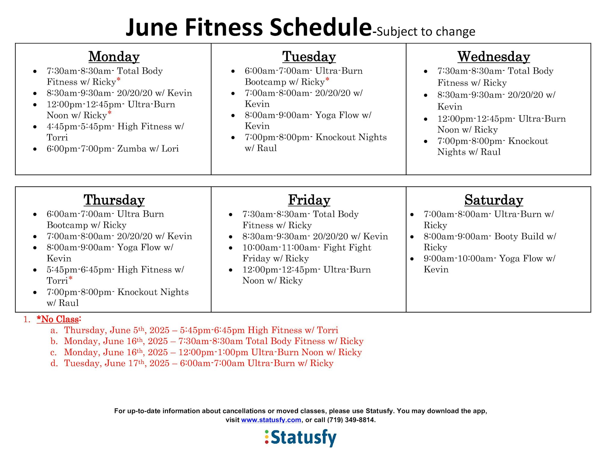 June Fitness Schedule with daily workouts, instructor names, and class times. Some classes are canceled on specific dates.