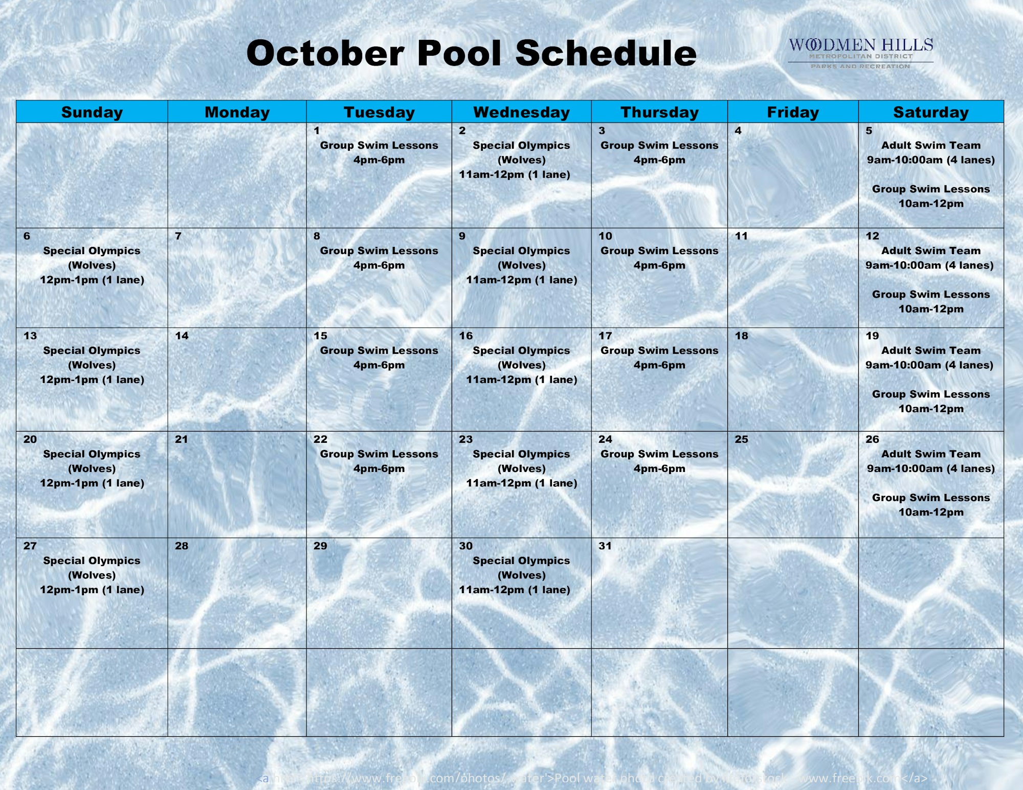 An October pool schedule with swim lessons, Special Olympics, and adult swim team times.