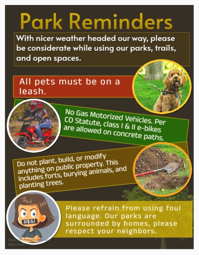 Park reminders: Leash pets, no gas vehicles, no modifying public property, and avoid foul language.