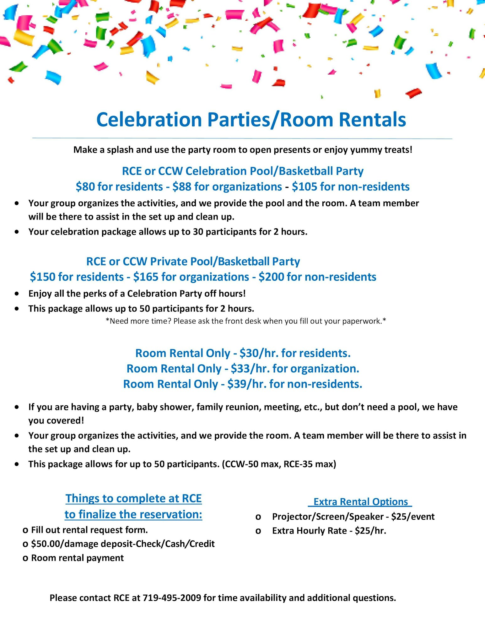 Celebration party/room rental options with pricing for residents, organizations, and non-residents. Extras include projectors and more.