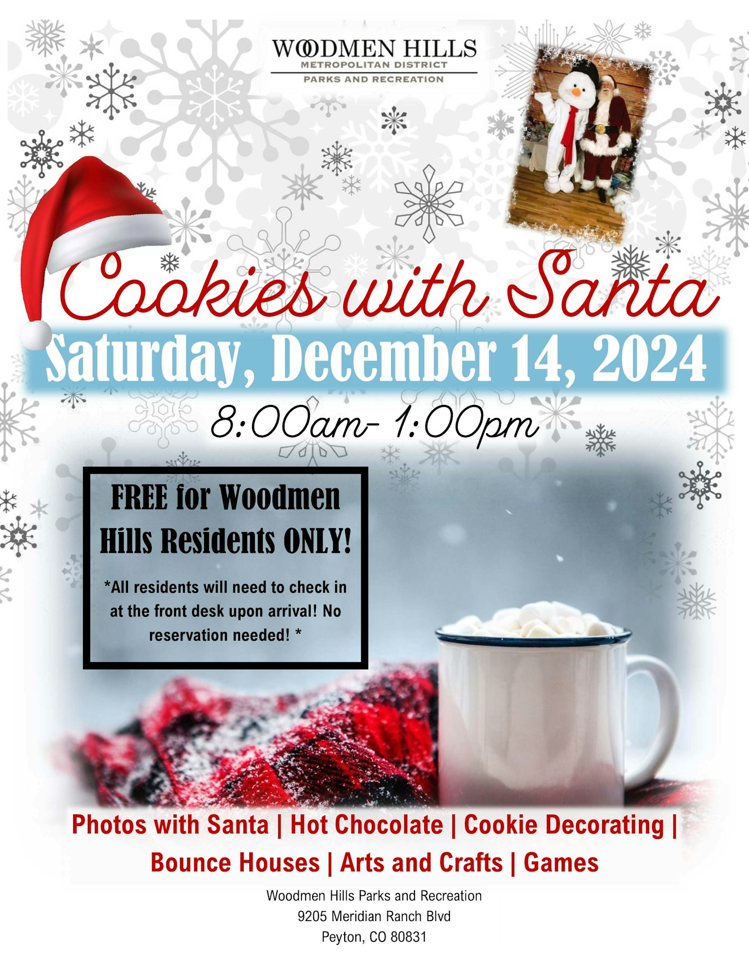 A festive event flyer for "Cookies with Santa" on December 14, 2024, with free activities for residents, including photos with Santa and crafts.