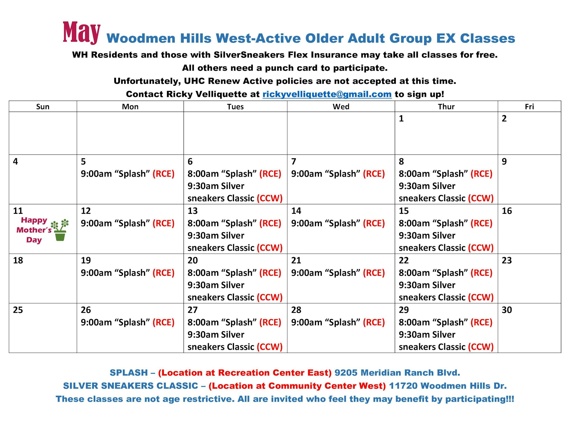 May schedule for Woodmen Hills West-Active Older Adult Group EX classes, featuring "Splash" and Silver Sneakers Classic sessions.