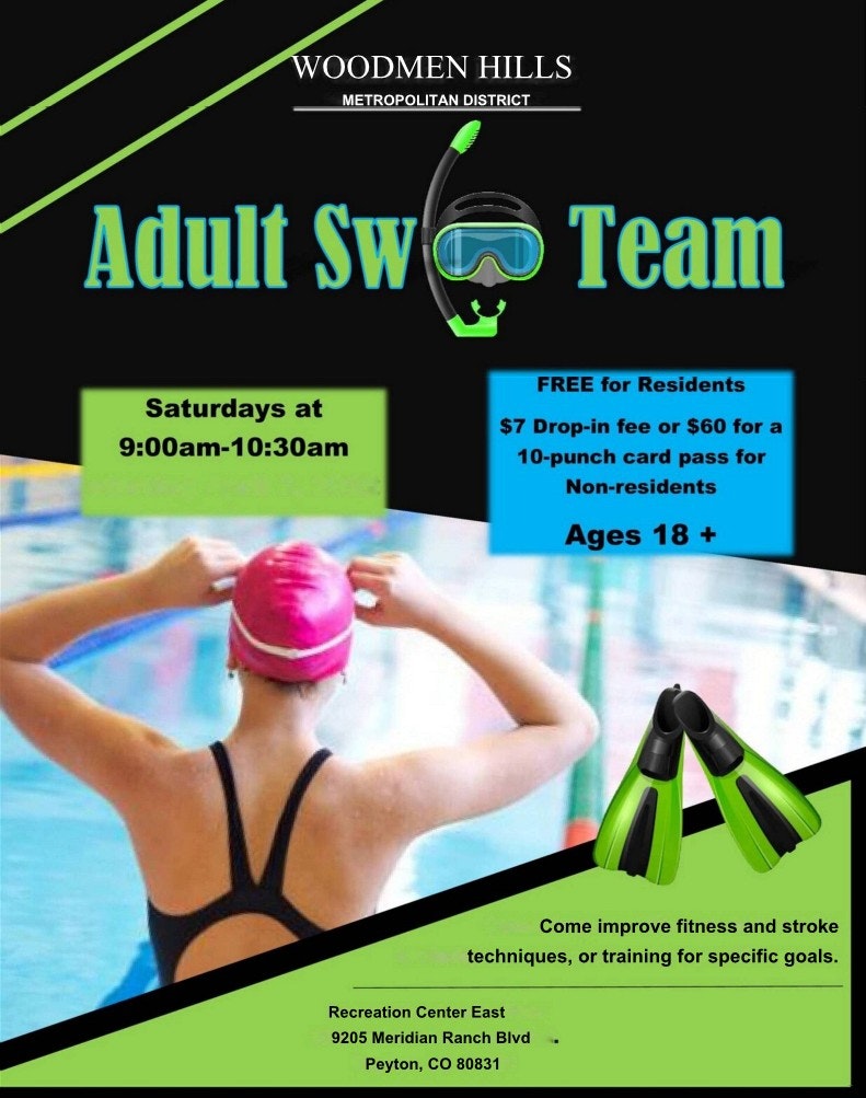 Adult Swim Team, Saturdays at RCE from 9:00 am to 10:30 am. Free for residents and $7 dollar drop-in fee for non-residents. Pass options are available to non-residents, call 719-495-2009 or visit the fee and membership page for more information.