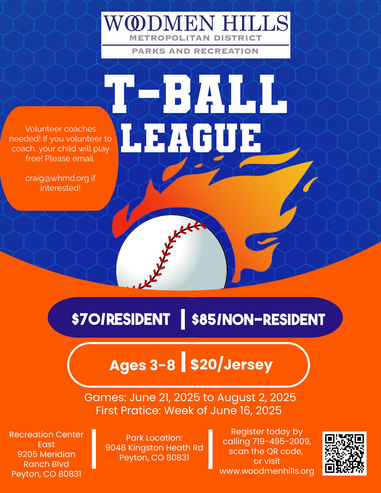 Join the Woodmen Hills T-Ball League for ages 3-8. $70/resident, $85/non-resident. Games: June 21–August 2, 2025.