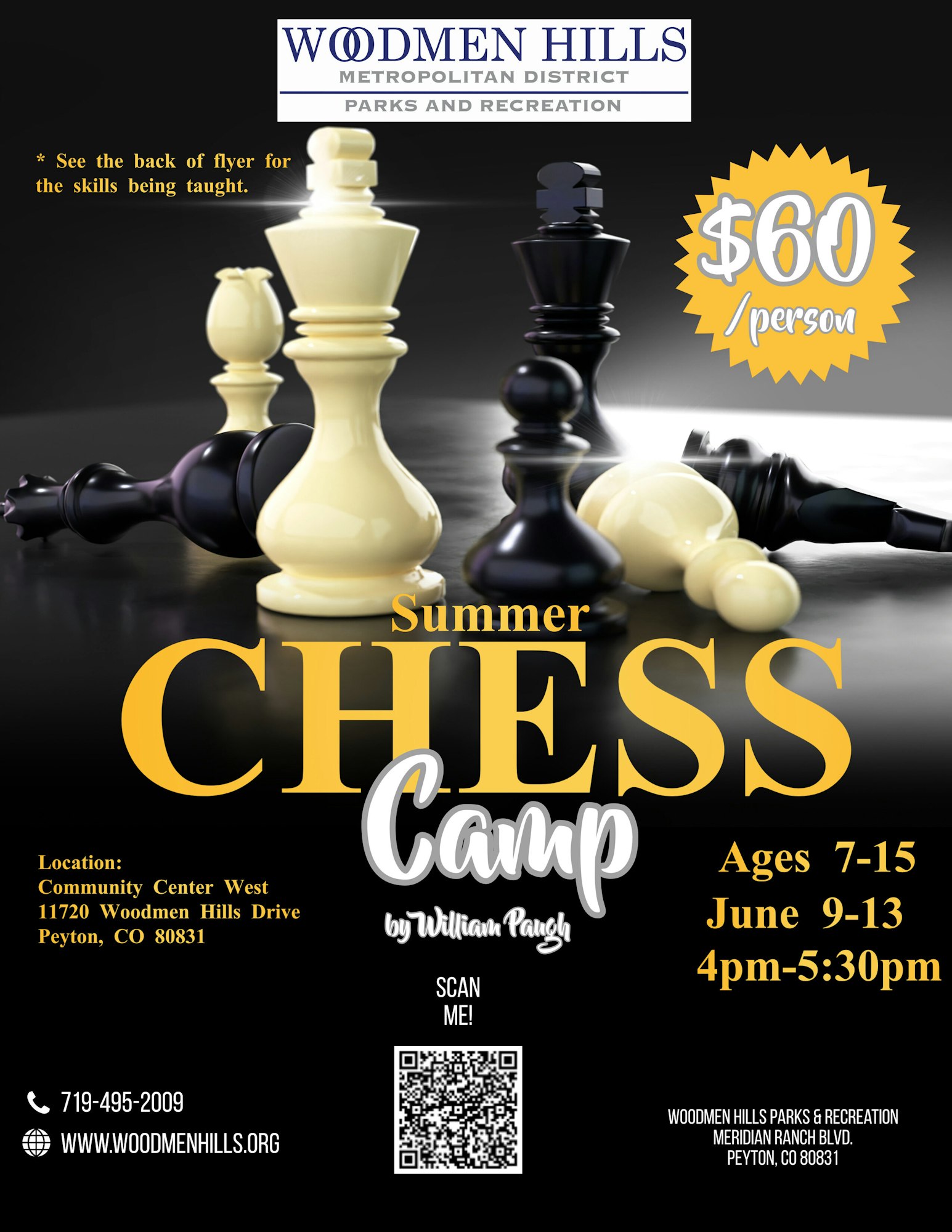 Summer Chess Camp flyer, ages 7-15, June 9-13, 4pm-5:30pm, $60/person, Woodmen Hills Community Center West, Peyton, CO.