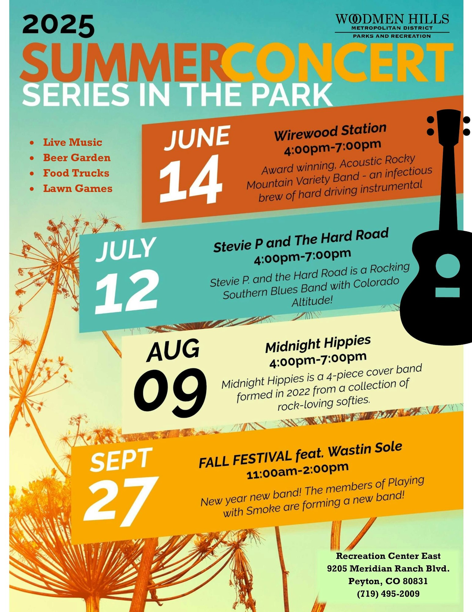 2025 Summer Concert Series in the Park, featuring live music, food trucks, and more on various dates at Recreation Center East, CO.